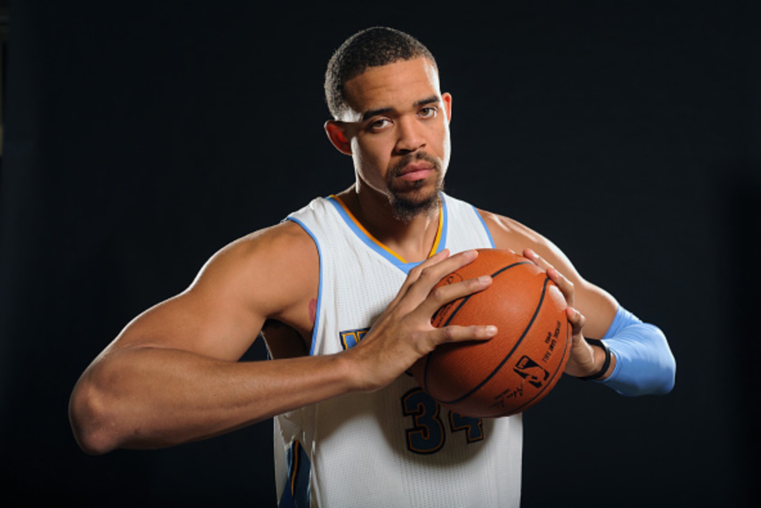 DENVER, CO - SEPTEMBER 29: JaVale McGee #34 of the Denver Nuggets poses for a photo during media day on September 29, 2014 at the Pepsi Center in Denver, Colorado. NOTE TO USER: User expressly acknowledges and agrees that, by downloading and/or using this