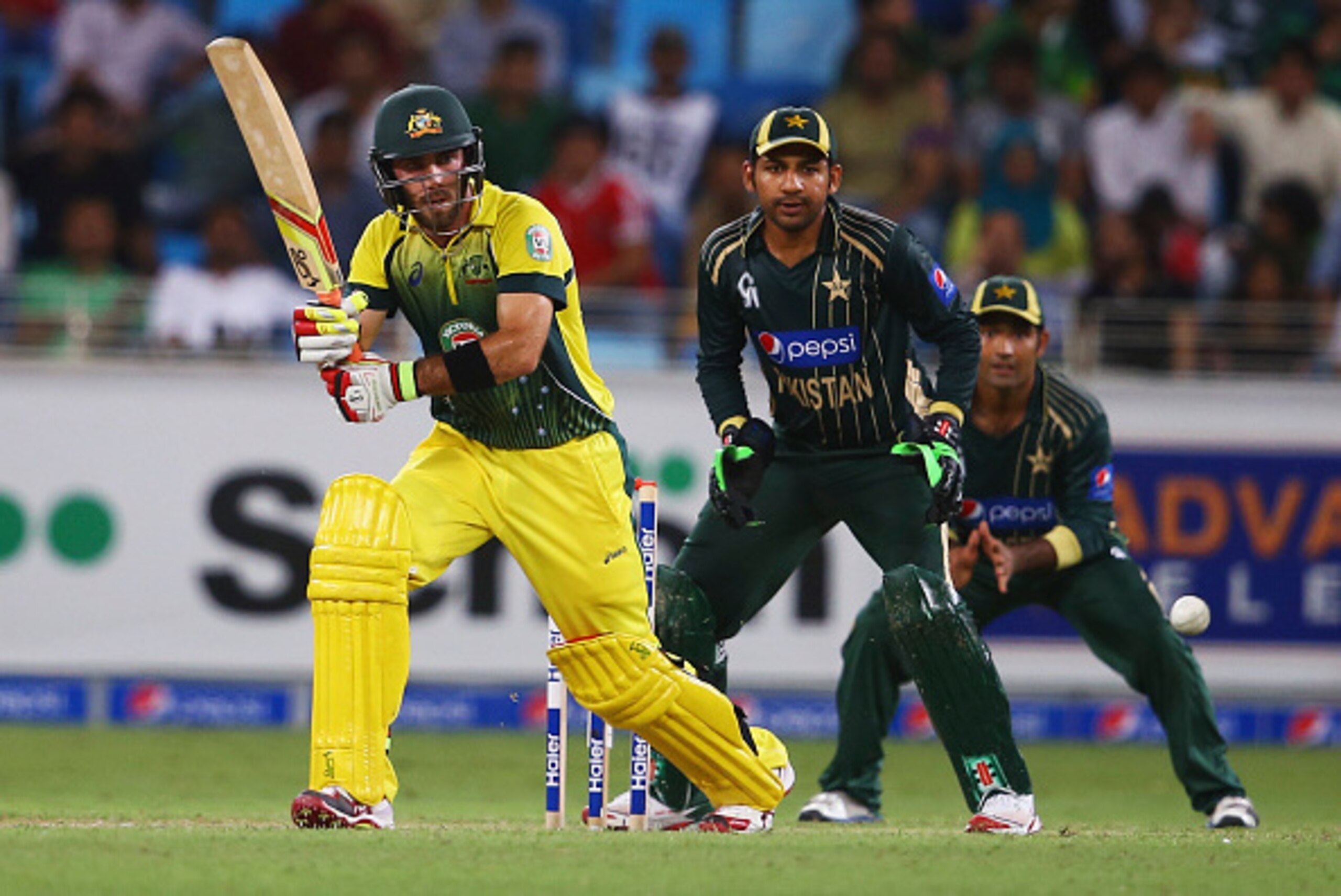 DUBAI, UNITED ARAB EMIRATES - OCTOBER 10: Glenn Maxwell of Australia bats during the second match of the one day international series between Australia and  Pakistan at Dubai Sports City Cricket Stadium on October 10, 2014 in Dubai, United Arab Emirates. 