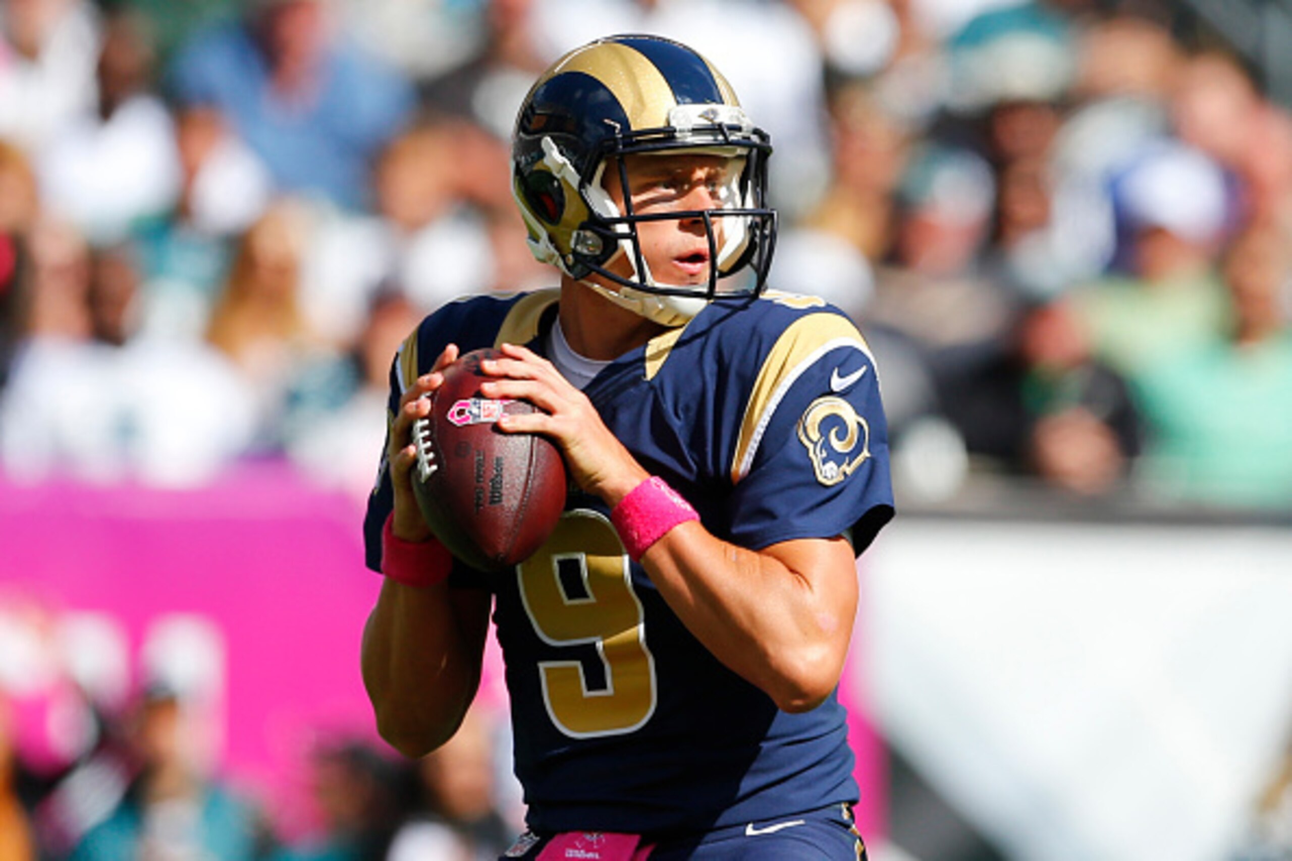 PHILADELPHIA, PA - OCTOBER 5: Quarterback Austin Davis #9 of the St. Louis Rams drops back to pass in the second quarter against the Philadelphia Eagles on October 5, 2014 at Lincoln Financial Field in Philadelphia, Pennsylvania. (Photo by Rich Schultz/Ge