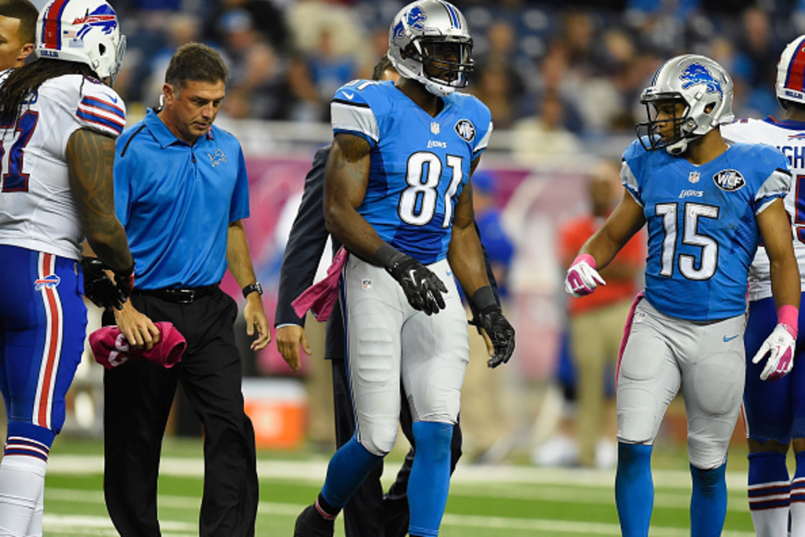 DETROIT, MI - OCTOBER 05: Calvin Johnson #81 of the Detroit Lions walks off field after being injured while playing the Buffalo Bills at Ford Field on October 05, 2014 in Detroit, Michigan. (Photo by Joe Sargent/Getty Images)