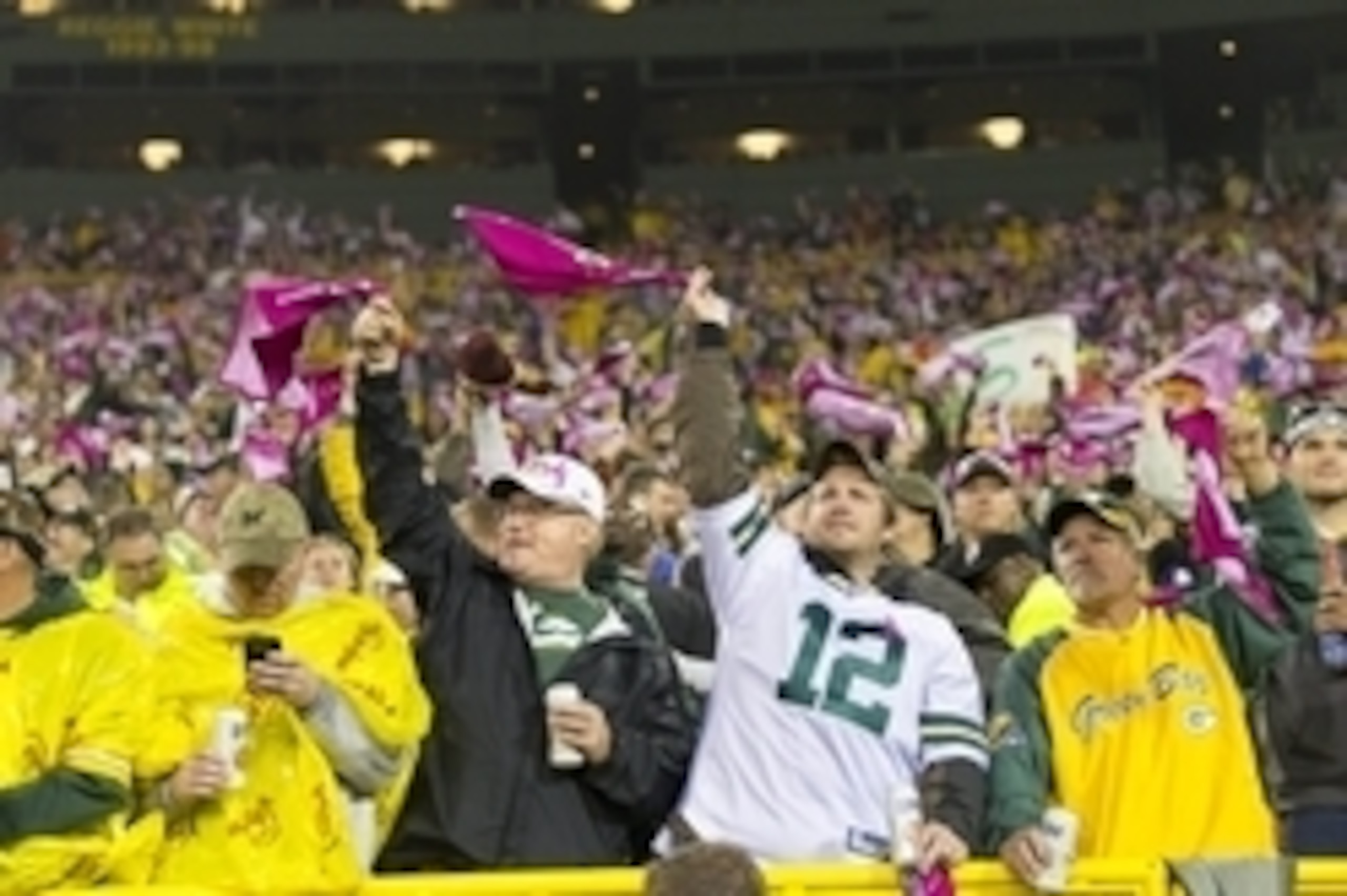 Oct 2, 2014; Green Bay, WI, USA; Green Bay Packers fans wave pink towels during the game against the Minnesota Vikings at Lambeau Field.  Green Bay won 42-10.  Mandatory Credit: Jeff Hanisch-USA TODAY Sports