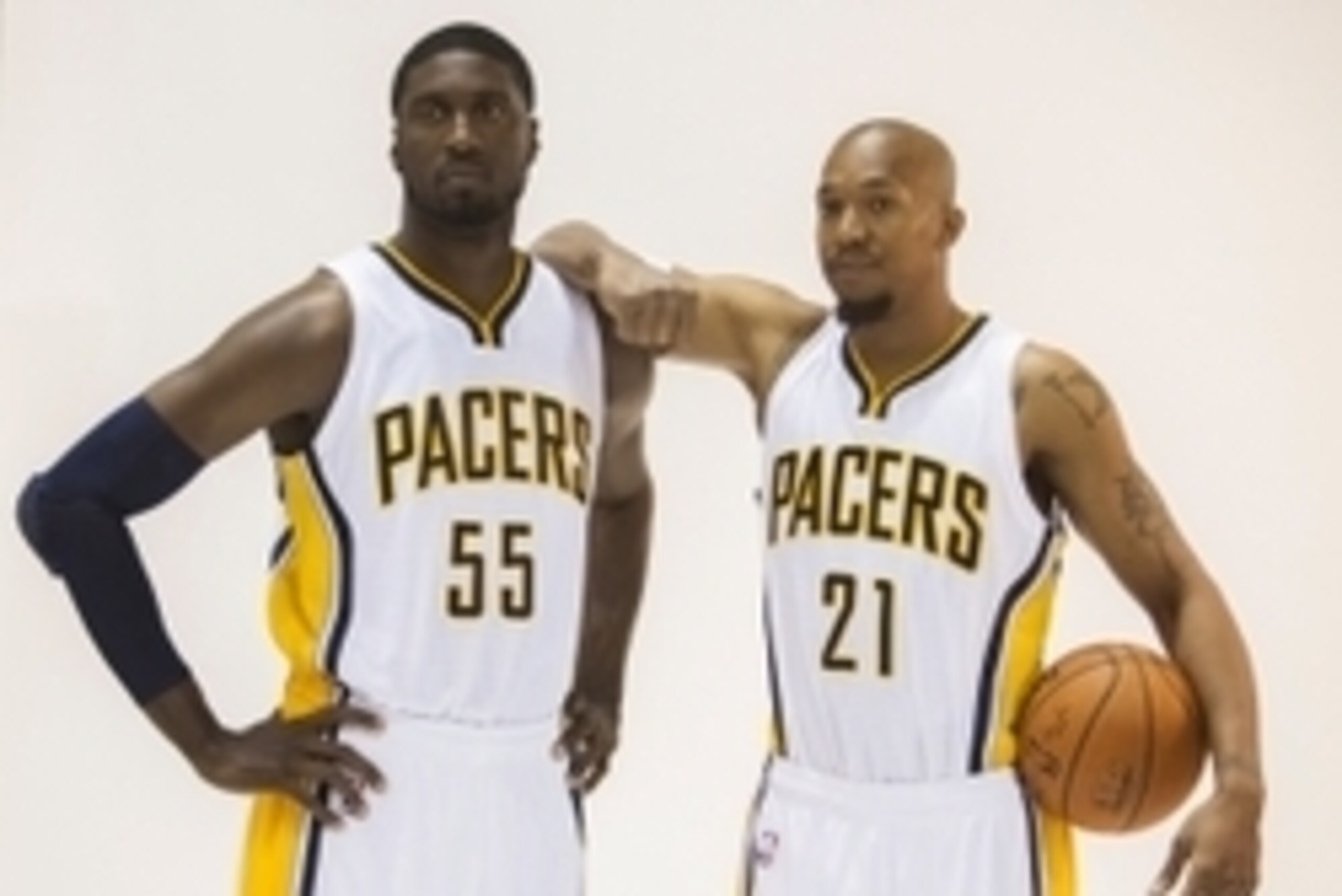 Sep 29, 2014; Indianapolis, IN, USA; Indiana Pacers center Roy Hibbert (55) and forward David West (21) during media day at Bankers Life Fieldhouse. Mandatory Credit: Trevor Ruszkowski-USA TODAY Sports Sep 29, 2014; Indianapolis, IN, USA; Indiana Pacers center Roy Hibbert (55) and forward David West (21) during media day at Bankers Life Fieldhouse. Mandatory Credit: Trevor Ruszkowski-USA TODAY Sports
