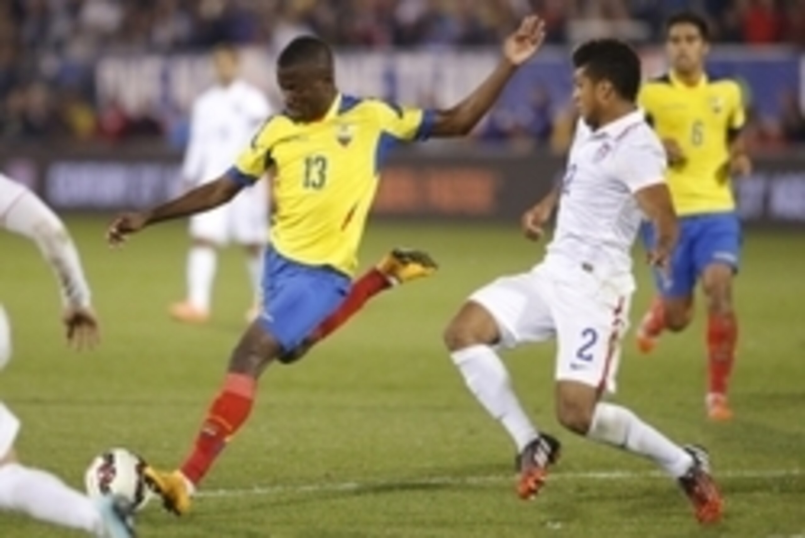 Oct 10, 2014; Hartford, CT, USA; Ecuador forward Enner Valencia (13) works the ball against USA defensemen DeAndre Yedlin (2) in the second half at Rentschler Field. Mandatory Credit: David Butler II-USA TODAY Sports Oct 10, 2014; Hartford, CT, USA; Ecuador forward Enner Valencia (13) works the ball against USA defensemen DeAndre Yedlin (2) in the second half at Rentschler Field. Mandatory Credit: David Butler II-USA TODAY Sports