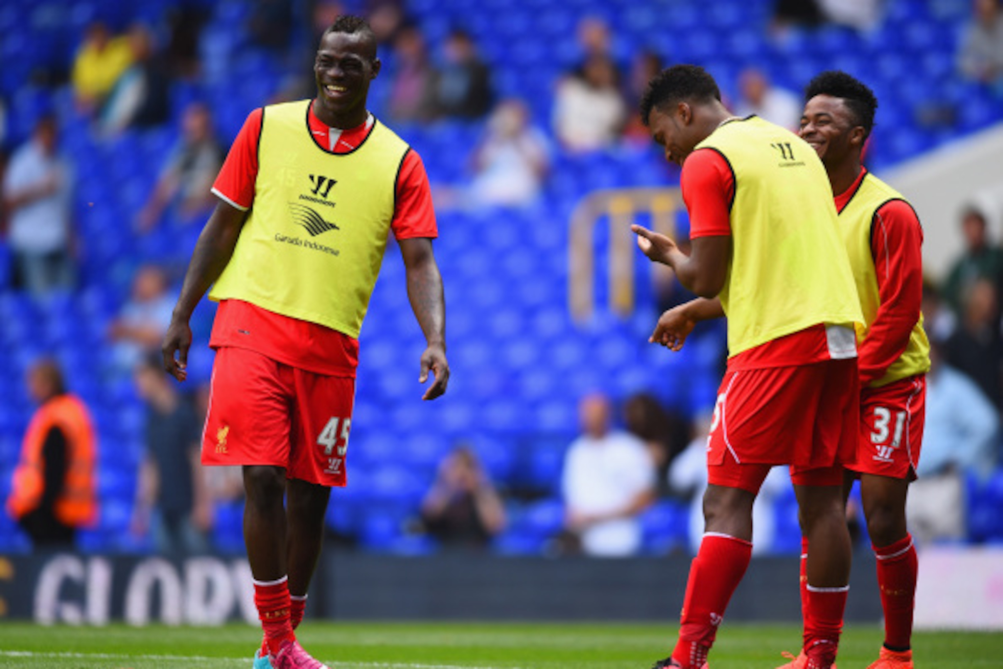 LONDON, ENGLAND - AUGUST 31: Mario Balotelli shares a joke with Daniel Sturridge and Raheem Sterling of Liverpool during the Barclays Premier League match between Tottenham Hotspur and Liverpool at White Hart Lane on August 31, 2014 in London, England. LONDON, ENGLAND - AUGUST 31: Mario Balotelli shares a joke with Daniel Sturridge and Raheem Sterling of Liverpool during the Barclays Premier League match between Tottenham Hotspur and Liverpool at White Hart Lane on August 31, 2014 in London, England.