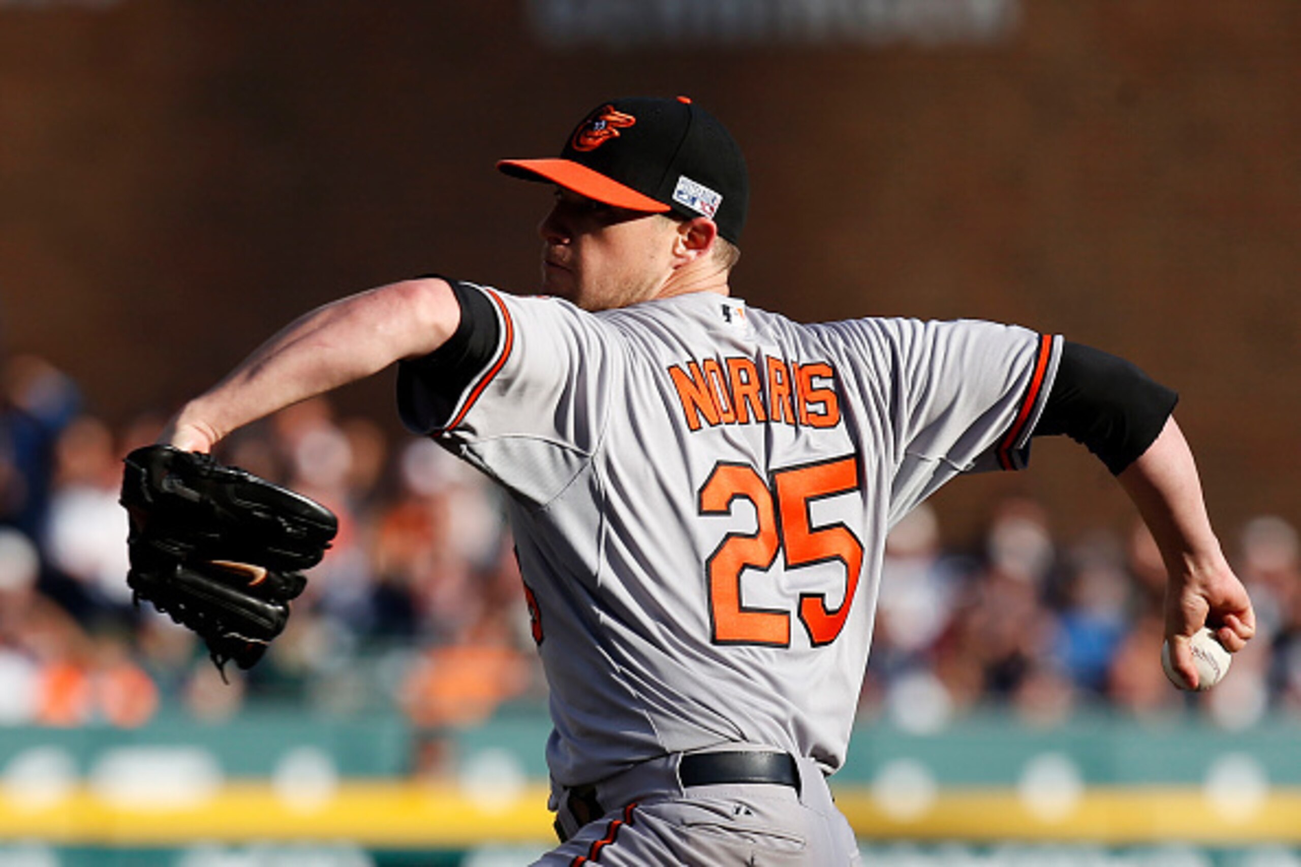 DETROIT, MI - OCTOBER 05:  Bud Norris #25 of the Baltimore Orioles pitches against the Detroit Tigers during Game Three of the American League Division Series at Comerica Park on October 5, 2014 in Detroit, Michigan.  (Photo by Gregory Shamus/Getty Images