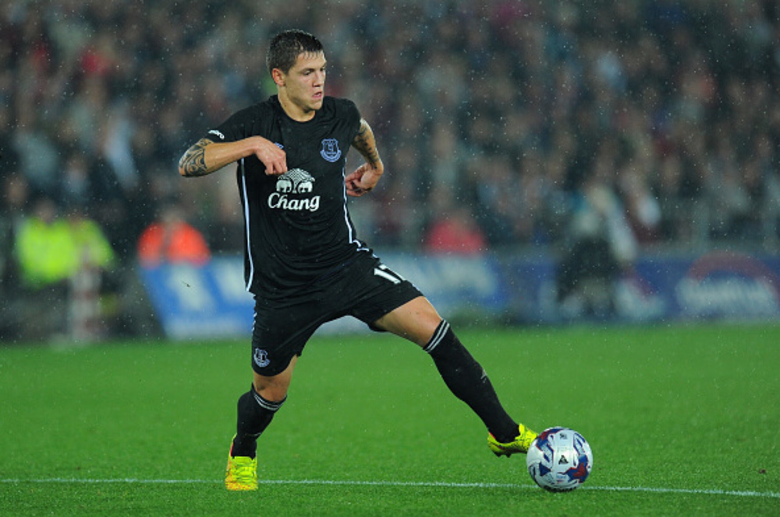 SWANSEA, WALES - SEPTEMBER 23:  Everton player Muhamed Besic in action during the Capital One Cup Third Round match between Swansea City and Everton at Liberty Stadium on September 23, 2014 in Swansea, Wales.  (Photo by Stu Forster/Getty Images)