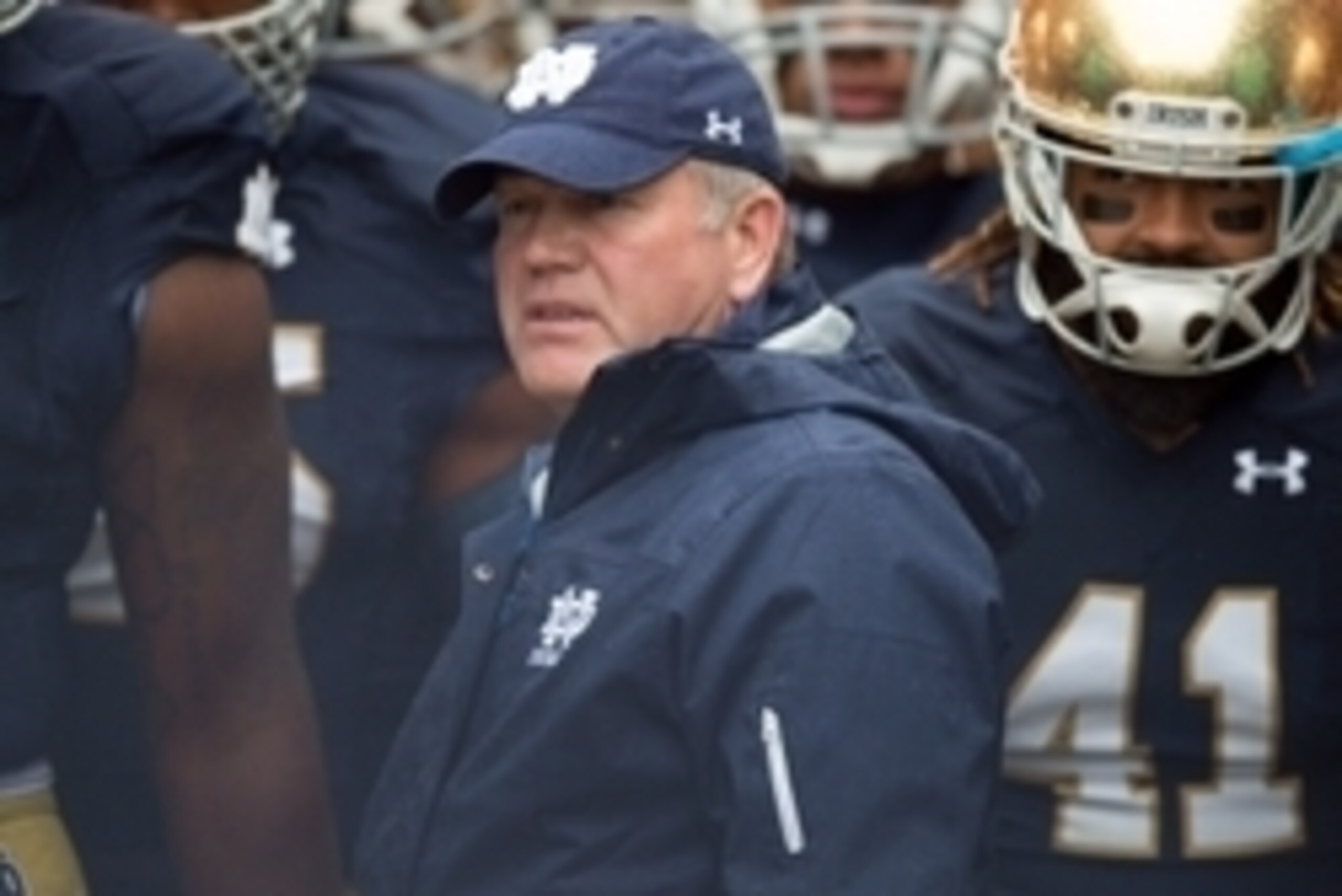 Oct 4, 2014; South Bend, IN, USA; Notre Dame Fighting Irish head coach Brian Kelly waits with his players before taking the field against the Stanford Cardinal at Notre Dame Stadium. Mandatory Credit: Matt Cashore-USA TODAY Sports