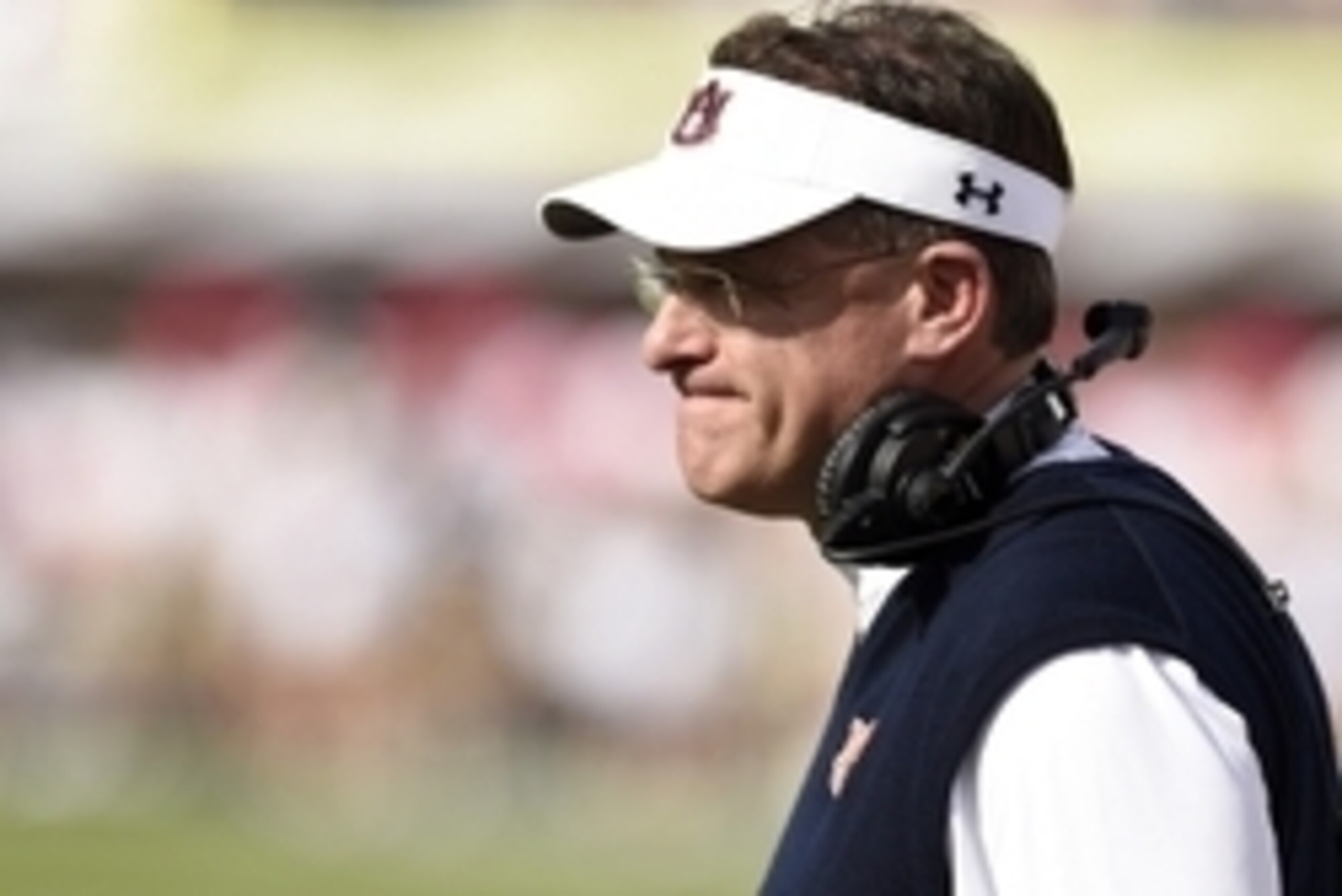 Oct 11, 2014; Starkville, MS, USA; Auburn Tigers head coach Gus Malzahn reacts following a Mississippi State Bulldogs touchdown during the first quarter at Davis Wade Stadium. Mandatory Credit: John David Mercer-USA TODAY Sports