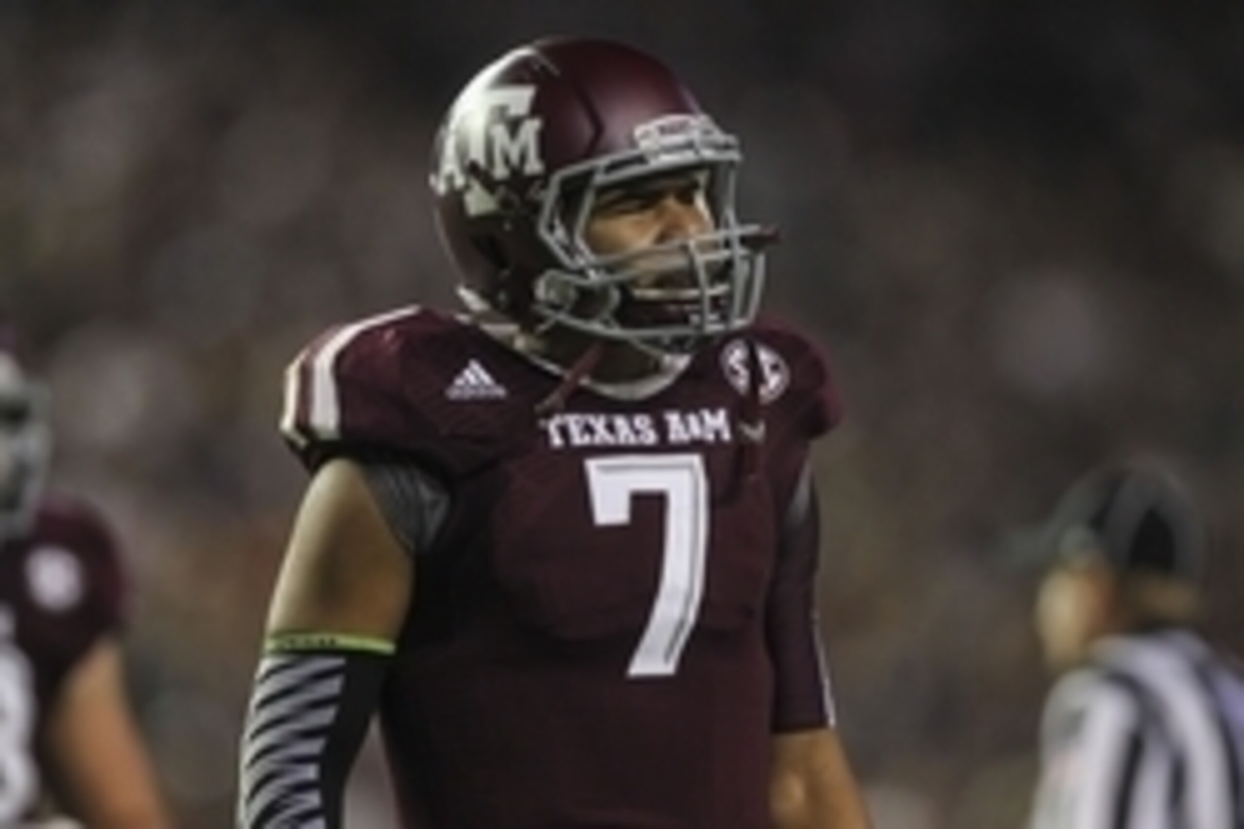 Oct 11, 2014; College Station, TX, USA; Texas A&M Aggies quarterback Kenny Hill (7) reacts after a play during the second quarter against the Mississippi Rebels at Kyle Field. Mandatory Credit: Troy Taormina-USA TODAY Sports