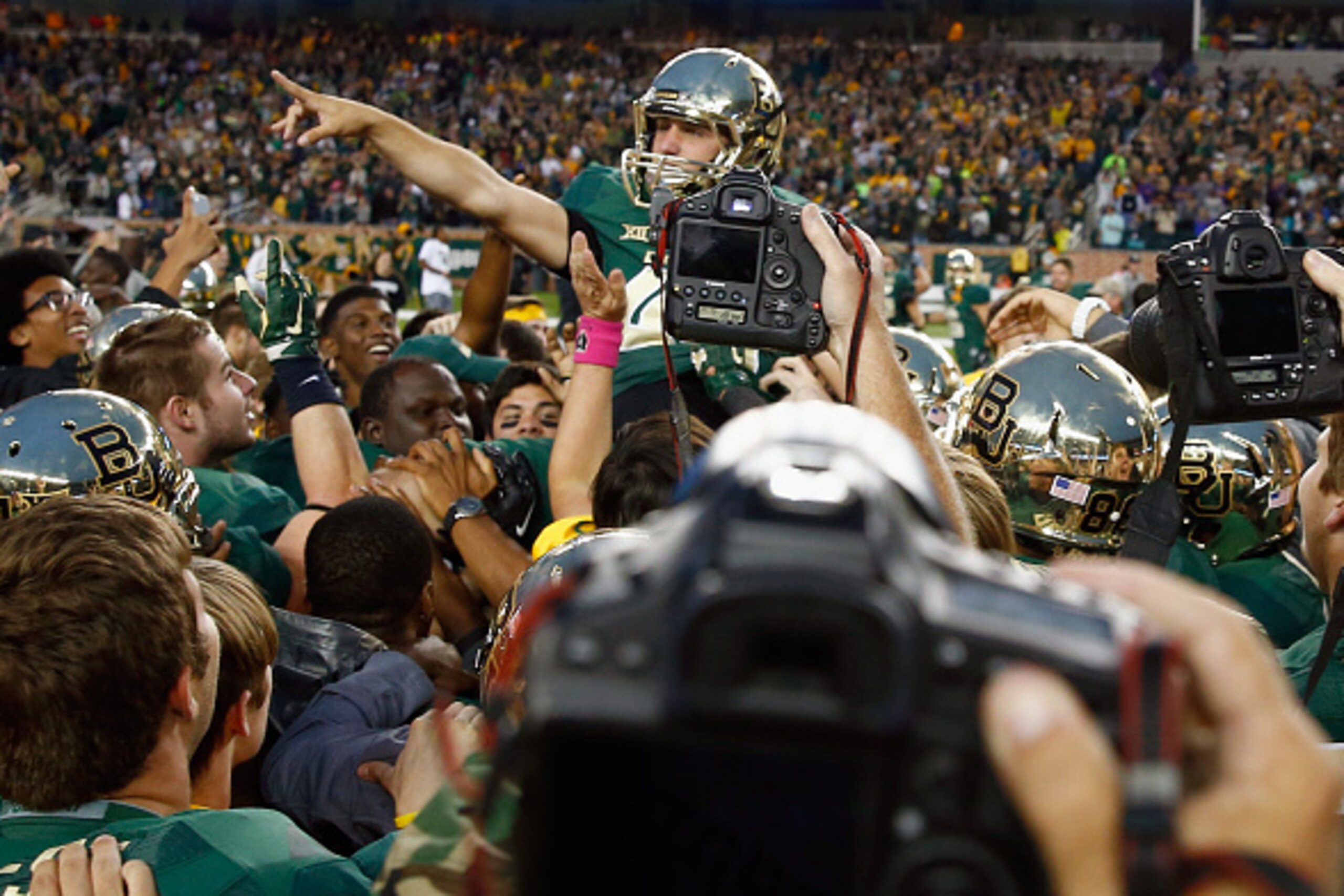 WACO, TX - OCTOBER 11:  Chris Callahan #40 of the Baylor Bears celebrates after kicking the game winning field goal against the TCU Horned Frogs at McLane Stadium on October 11, 2014 in Waco, Texas.  (Photo by Tom Pennington/Getty Images)