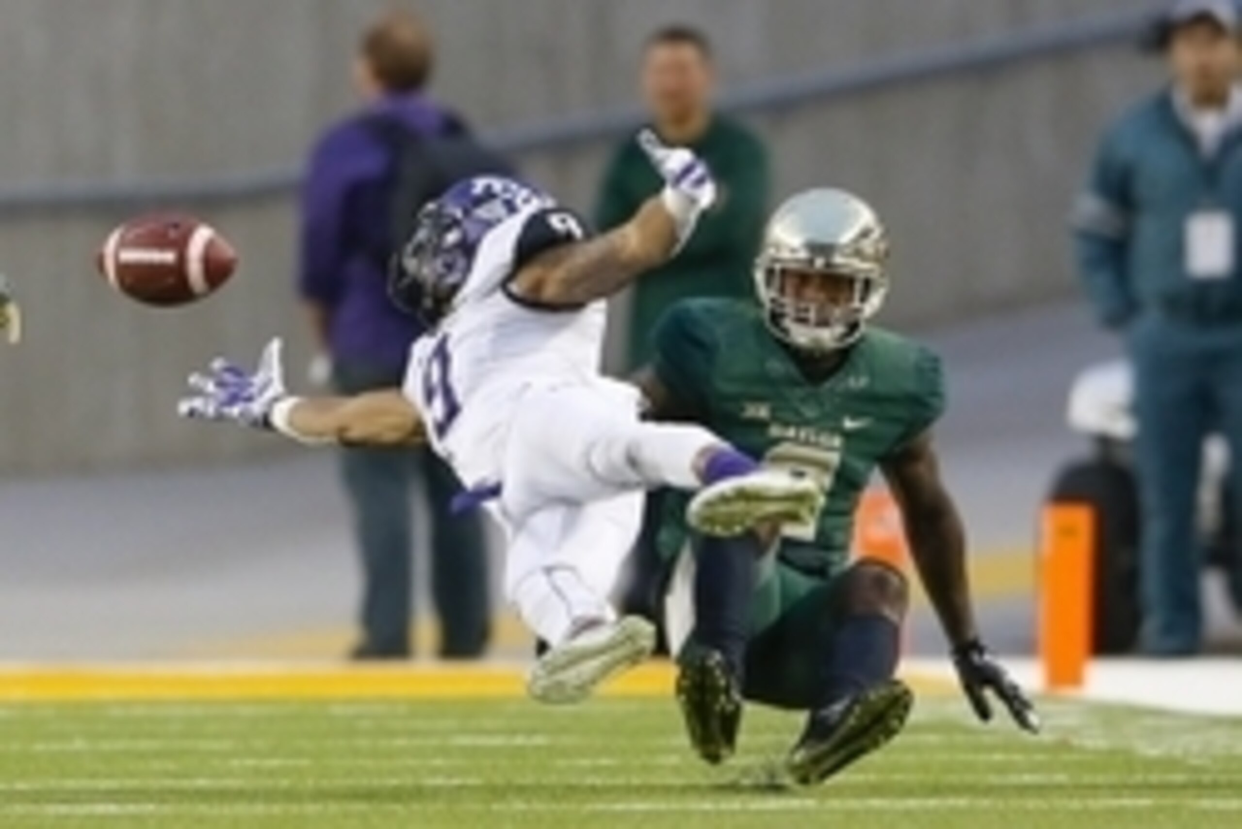 Oct 11, 2014; Waco, TX, USA; TCU Horned Frogs wide receiver Josh Doctson (9) cannot make a catch during the fourth quarter against the Baylor Bears at McLane Stadium. Mandatory Credit: Kevin Jairaj-USA TODAY Sports