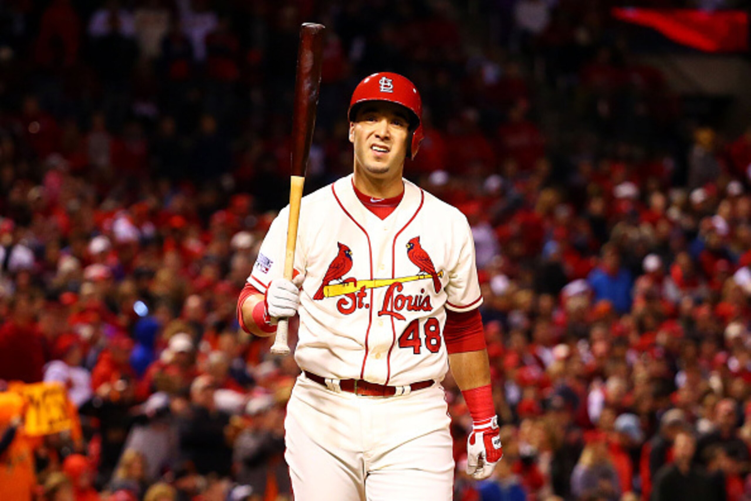ST LOUIS, MO - OCTOBER 11:  Tony Cruz #48 of the St. Louis Cardinals reacts after striking out in the seventh inning against the San Francisco Giants during Game One of the National League Championship Series at Busch Stadium on October 11, 2014 in St Lou