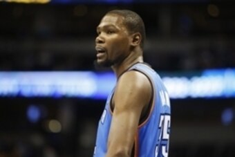 Oct 8, 2014; Denver, CO, USA; Oklahoma City Thunder forward Kevin Durant (35) during the first half against the Denver Nuggets at Pepsi Center. Mandatory Credit: Chris Humphreys-USA TODAY Sports