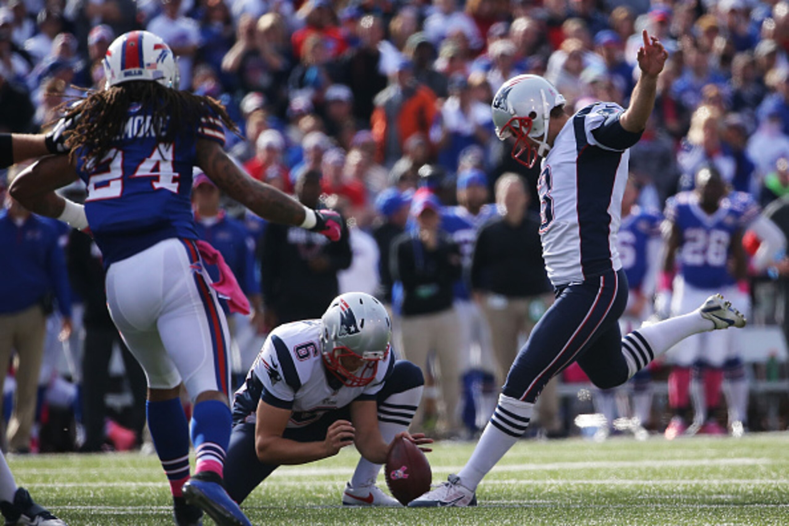 ORCHARD PARK, NY - OCTOBER 12: Stephen Gostkowski #3 of the New England Patriots kicks a field goal against the Buffalo Bills during the second half at Ralph Wilson Stadium on October 12, 2014 in Orchard Park, New York. (Photo by Tom Szczerbowski/Getty ORCHARD PARK, NY - OCTOBER 12: Stephen Gostkowski #3 of the New England Patriots kicks a field goal against the Buffalo Bills during the second half at Ralph Wilson Stadium on October 12, 2014 in Orchard Park, New York. (Photo by Tom Szczerbowski/Getty
