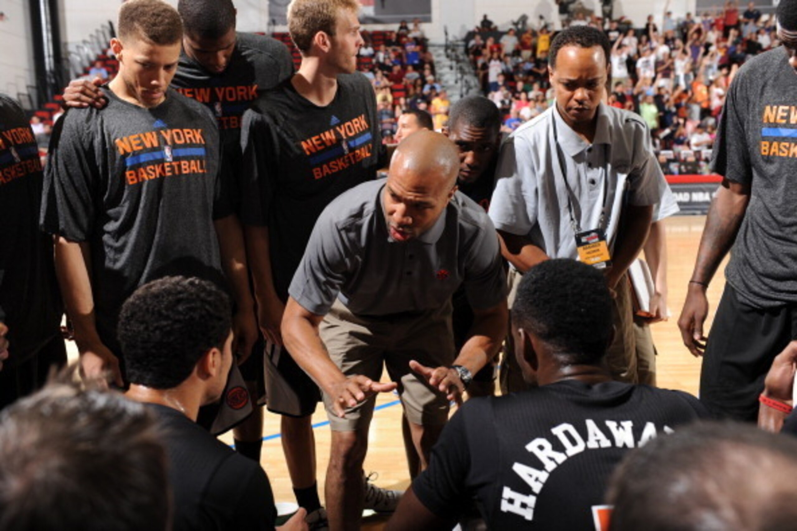LAS VEGAS, NV - JULY 11: Head coach Derek Fisher of the New York Knicks coaches before the game against the Dallas Mavericks at the Samsung NBA Summer League 2014 on July 11, 2014 at the Cox Pavilion in Las Vegas, Nevada. NOTE TO USER: User expressly ackn