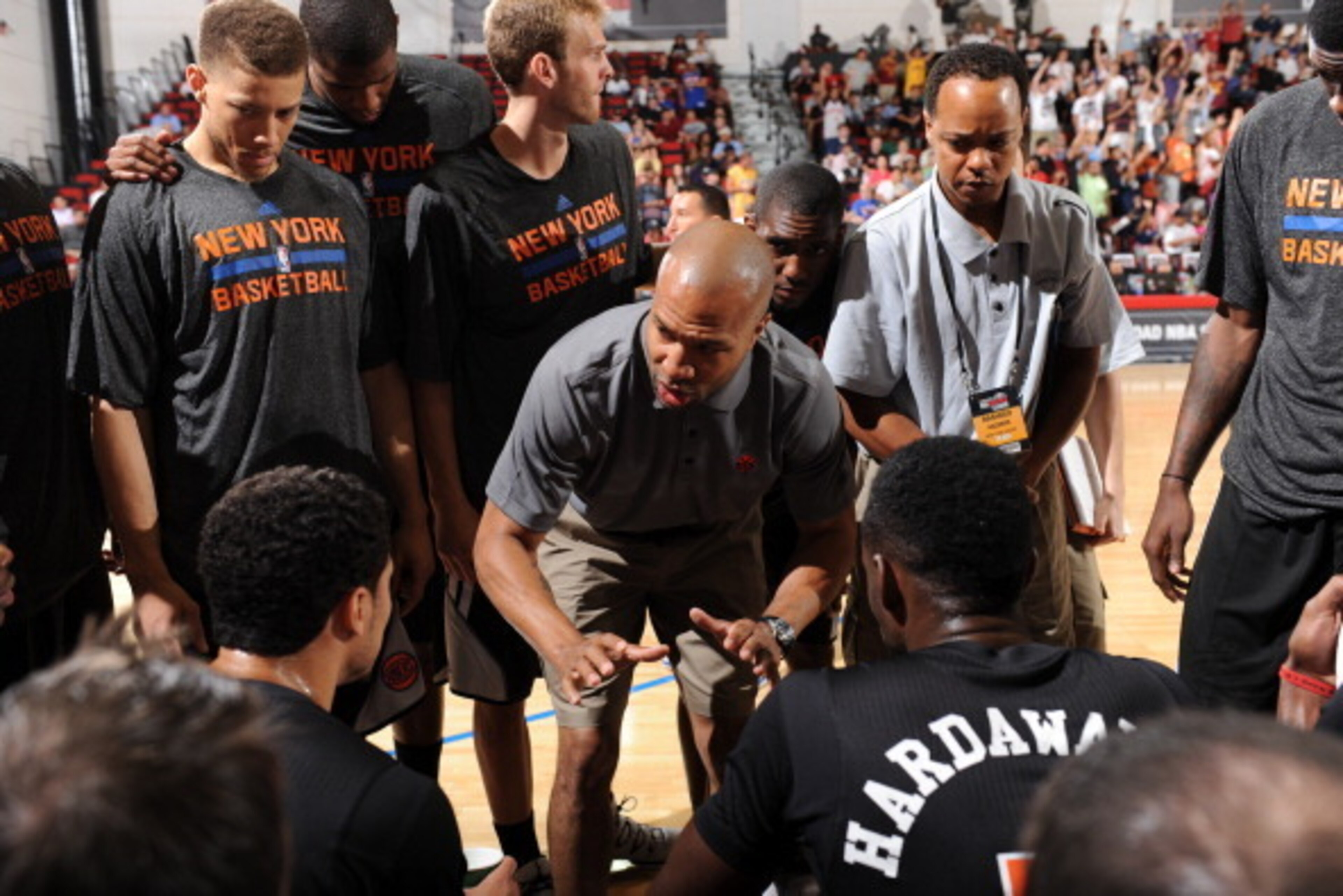 LAS VEGAS, NV - JULY 11: Head coach Derek Fisher of the New York Knicks coaches before the game against the Dallas Mavericks at the Samsung NBA Summer League 2014 on July 11, 2014 at the Cox Pavilion in Las Vegas, Nevada. NOTE TO USER: User expressly ackn LAS VEGAS, NV - JULY 11: Head coach Derek Fisher of the New York Knicks coaches before the game against the Dallas Mavericks at the Samsung NBA Summer League 2014 on July 11, 2014 at the Cox Pavilion in Las Vegas, Nevada. NOTE TO USER: User expressly ackn