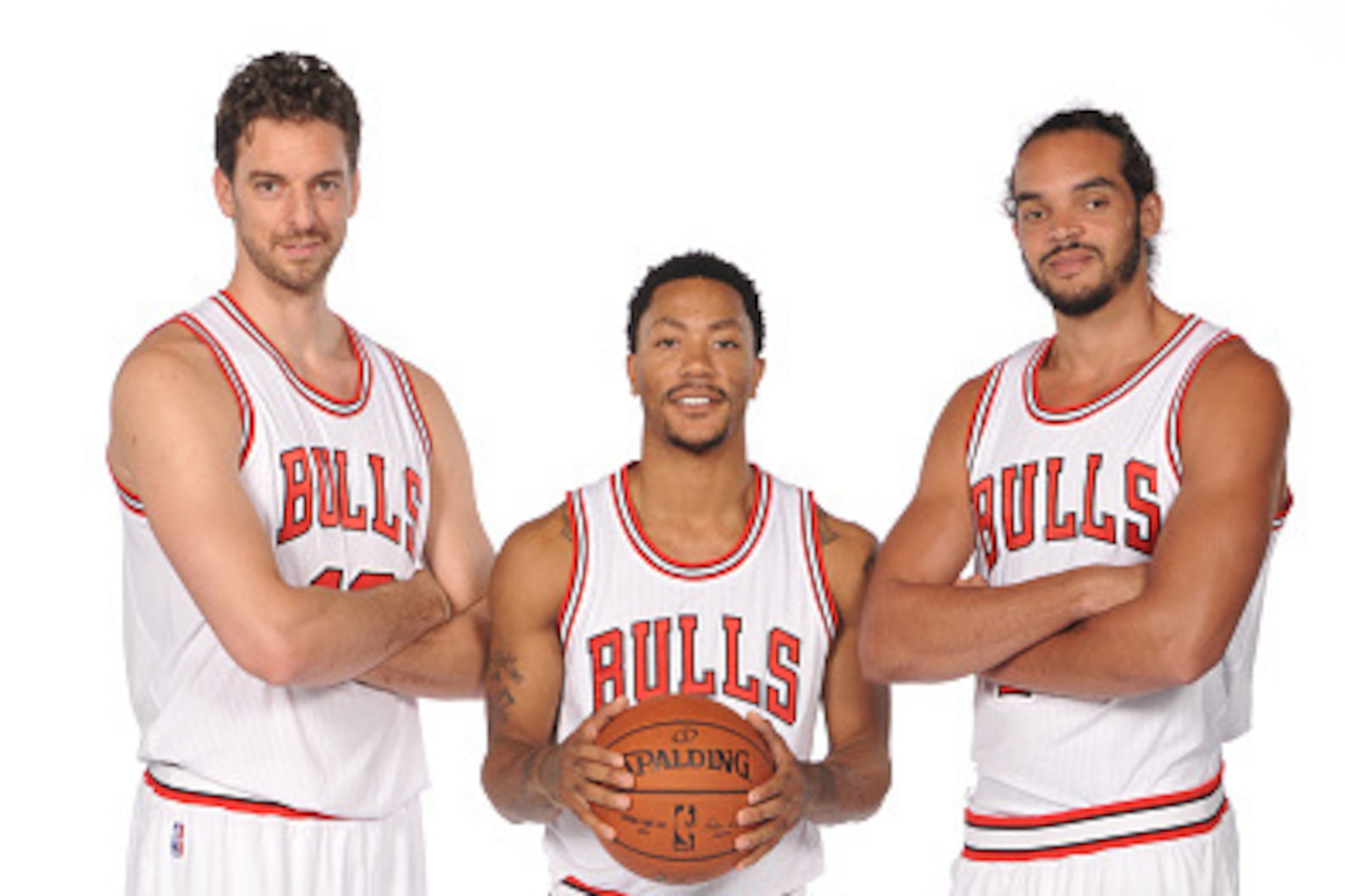 CHICAGO, IL - SEPTEMBER 29: (L-R) Pau Gasol #16, Derrick Rose #1 and Joakim Noah #13 of the Chicago Bulls poses for a picture as part of 2014-15 NBA Media Day at The Advocate Center on September 29, 2014 in Chicago, Illinois. NOTE TO USER: User expressly 