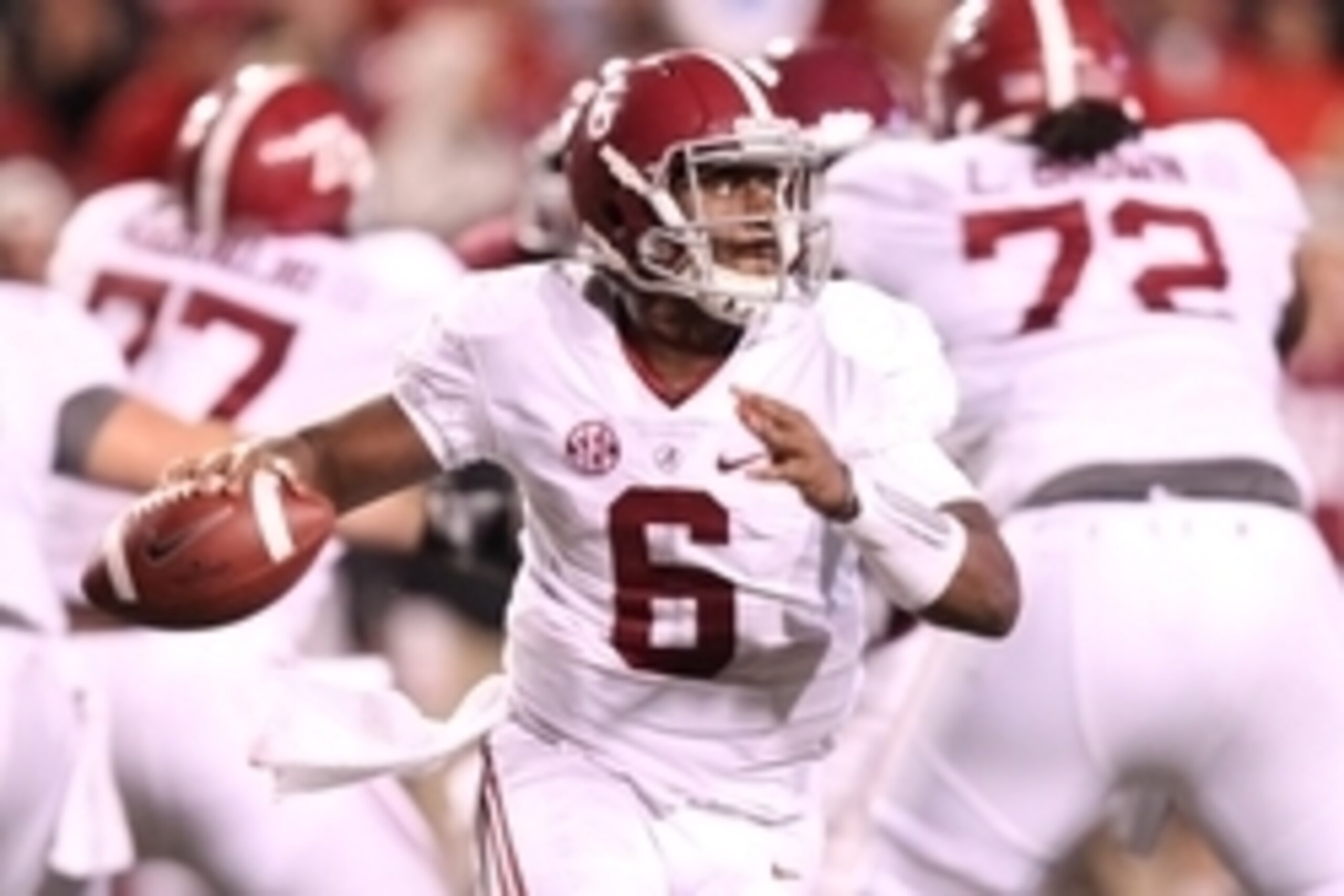 Oct 11, 2014; Fayetteville, AR, USA; Alabama Crimson Tide quarterback Blake Sims (6) looks to pass during the fourth quarter against the Arkansas Razorbacks at Donald W. Reynolds Razorback Stadium. Alabama defeated Arkansas 14-13. Mandatory Credit: Nelson