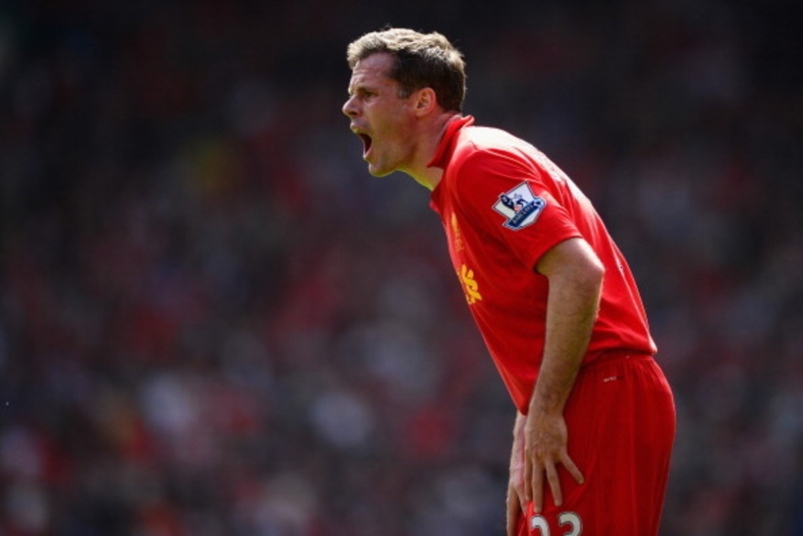 LIVERPOOL, ENGLAND - MAY 05: Jamie Carragher of Liverpool shouts to his team-mates during the Barclays Premier League match between Liverpool and Everton at Anfield on May 5, 2013 in Liverpool, England. (Photo by Laurence Griffiths/Getty Images) LIVERPOOL, ENGLAND - MAY 05: Jamie Carragher of Liverpool shouts to his team-mates during the Barclays Premier League match between Liverpool and Everton at Anfield on May 5, 2013 in Liverpool, England. (Photo by Laurence Griffiths/Getty Images)