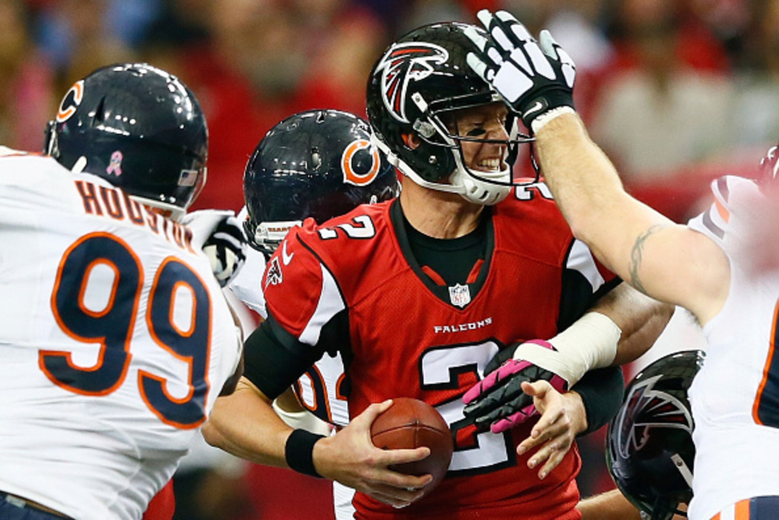 ATLANTA, GA - OCTOBER 12:  Matt Ryan #2 of the Atlanta Falcons is sacked by Stephen Paea #92 of the Chicago Bears at Georgia Dome on October 12, 2014 in Atlanta, Georgia.  (Photo by Kevin C. Cox/Getty Images)