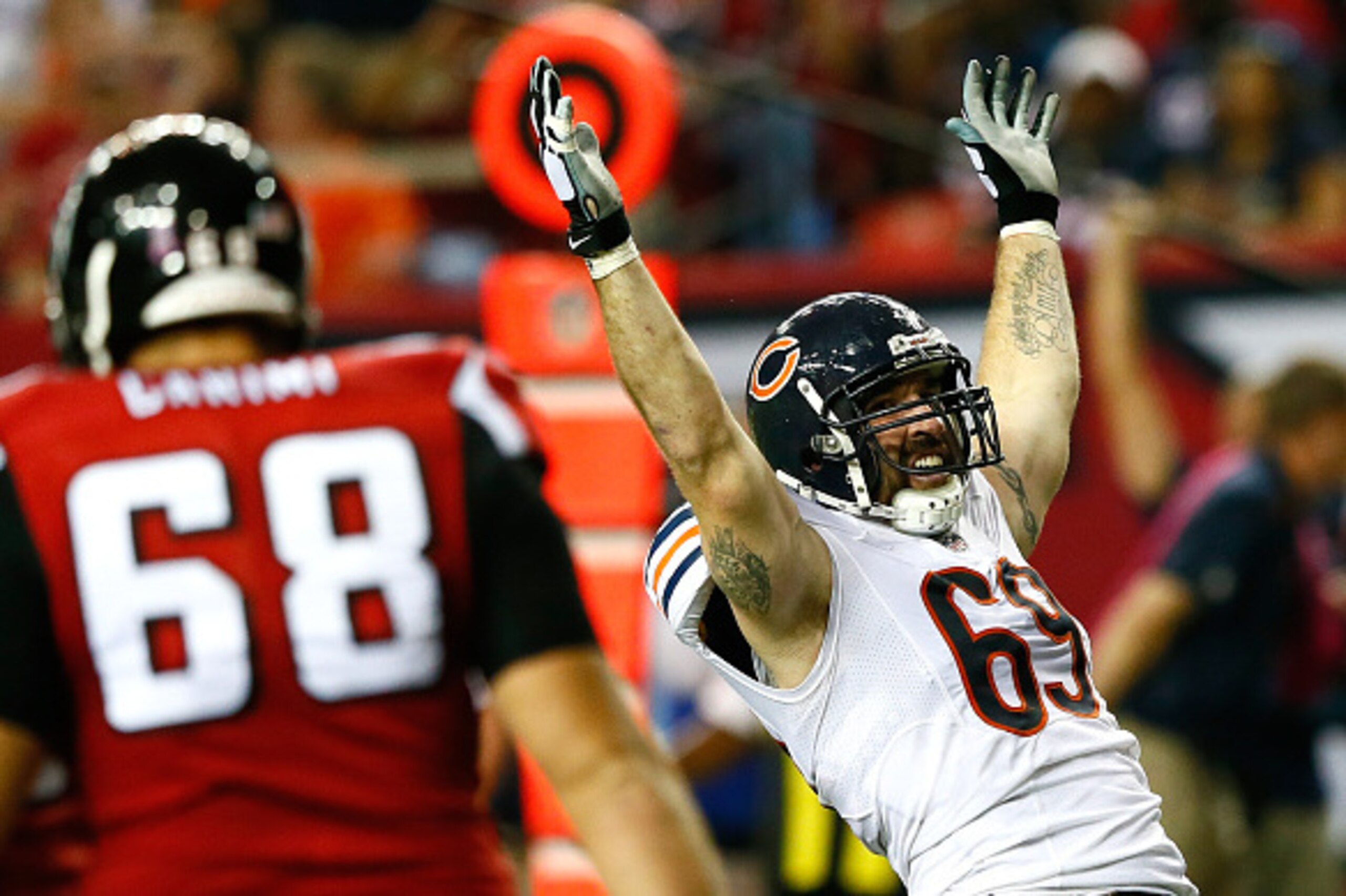 ATLANTA, GA - OCTOBER 12:  Jared Allen #69 of the Chicago Bears reacts after sacking Matt Ryan #2 of the Atlanta Falcons (not pictured) at Georgia Dome on October 12, 2014 in Atlanta, Georgia.  (Photo by Kevin C. Cox/Getty Images)