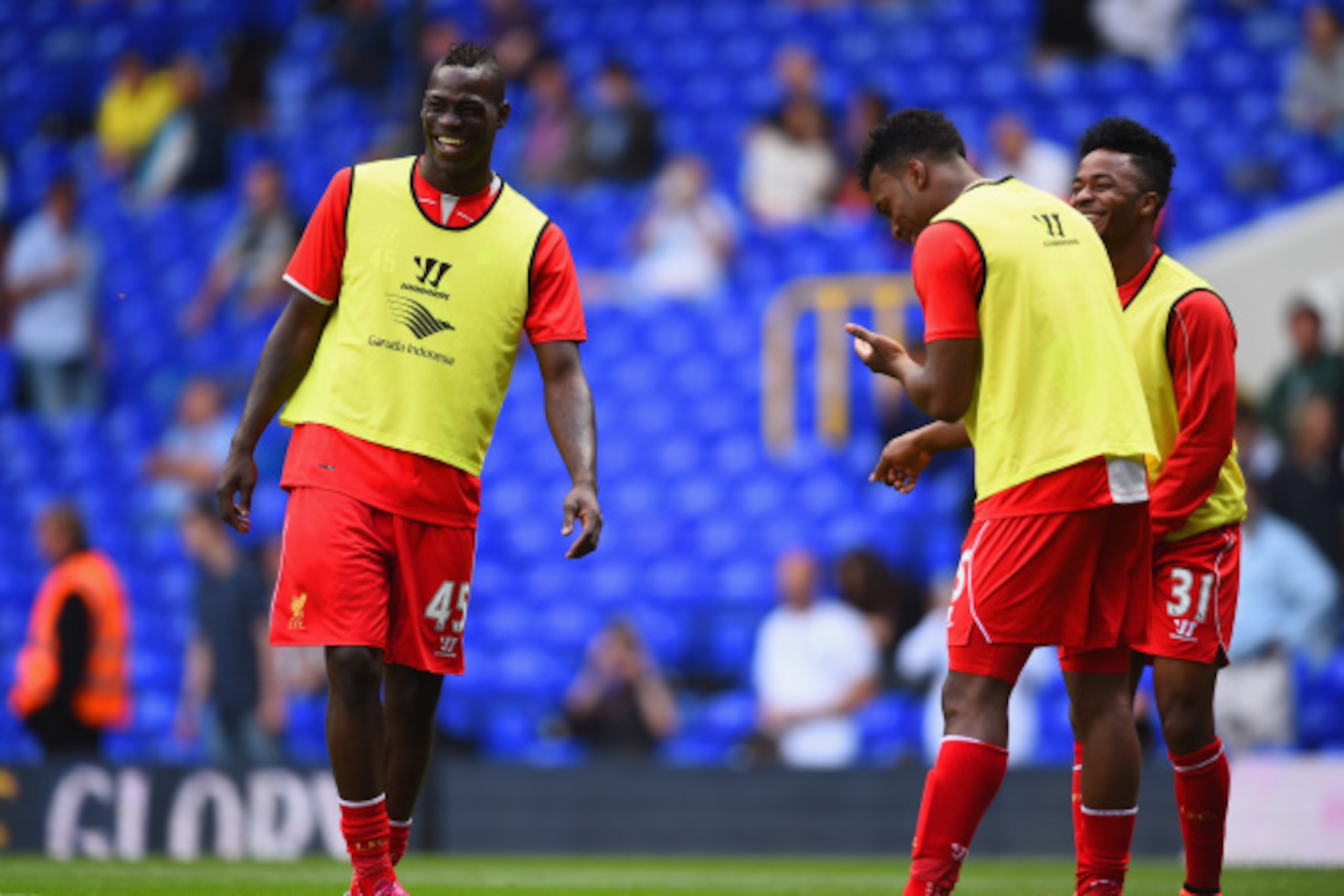 LONDON, ENGLAND - AUGUST 31: Mario Balotelli shares a joke with Daniel Sturridge and Raheem Sterling of Liverpool during the Barclays Premier League match between Tottenham Hotspur and Liverpool at White Hart Lane on August 31, 2014 in London, England. LONDON, ENGLAND - AUGUST 31: Mario Balotelli shares a joke with Daniel Sturridge and Raheem Sterling of Liverpool during the Barclays Premier League match between Tottenham Hotspur and Liverpool at White Hart Lane on August 31, 2014 in London, England.