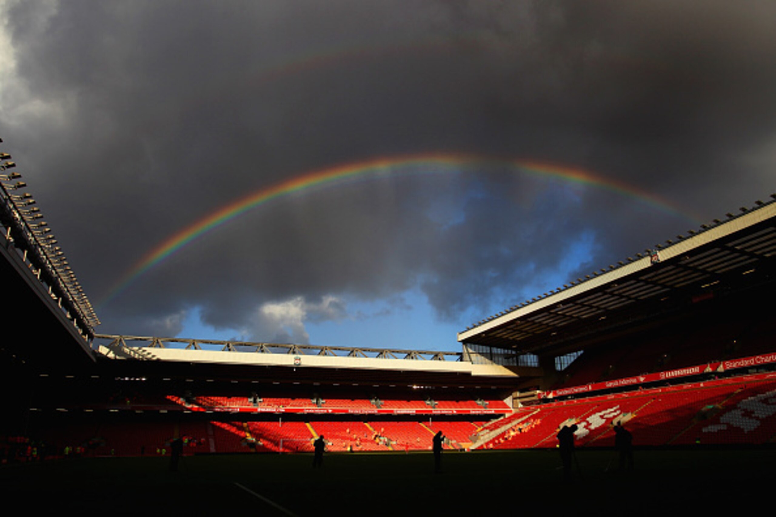 LIVERPOOL, ENGLAND - OCTOBER 04:  A rainbow is seen over the stadium during the Barclays Premier League match between Liverpool and West Bromwich Albion at Anfield on October 4, 2014 in Liverpool, England.  (Photo by Clive Brunskill/Getty Images)