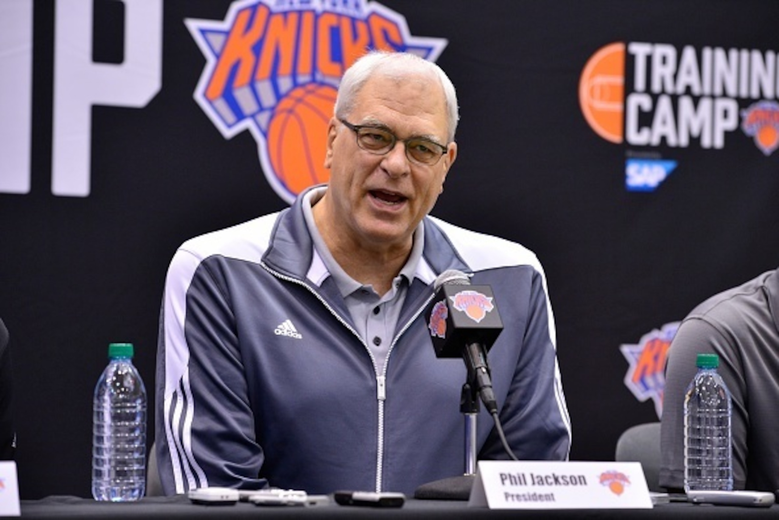 TARRYTOWN, NY - SEPTEMBER 26: New York Knicks Team President Phil Jackson talks to the media on September 26, 2014 in Tarrytown, New York. NOTE TO USER: User expressly acknowledges and agrees that, by downloading and/or using this Photograph, user is cons
