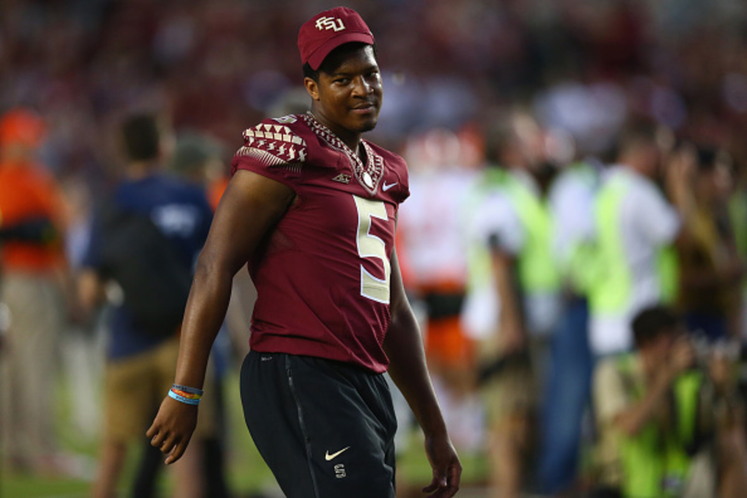TALLAHASSEE, FL - SEPTEMBER 20:  Jameis Winston #5 of the Florida State Seminoles on the field during pregame against the Clemson Tigers at Doak Campbell Stadium on September 20, 2014 in Tallahassee, Florida.  (Photo by Ronald Martinez/Getty Images)