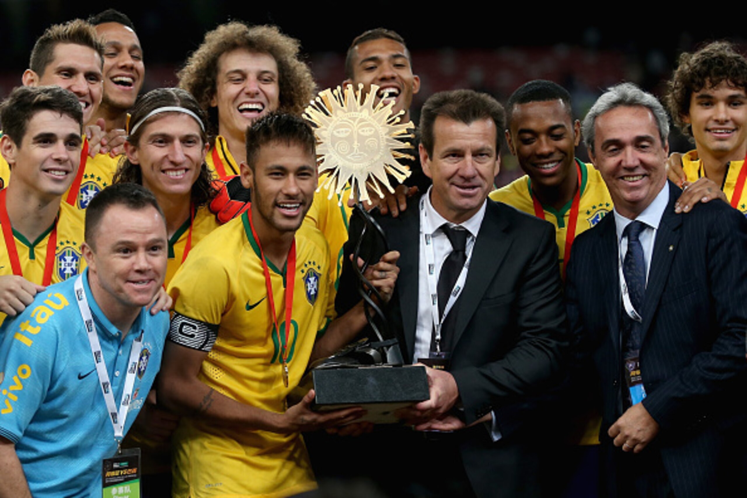 BEIJING, CHINA - OCTOBER 11: Team of Brazil celebrates winning Super Clasico de las Americas between Argentina and Brazil at Beijing National Stadium on October 11, 2014 in Beijing, China. (Photo by Feng Li/Getty Images) BEIJING, CHINA - OCTOBER 11: Team of Brazil celebrates winning Super Clasico de las Americas between Argentina and Brazil at Beijing National Stadium on October 11, 2014 in Beijing, China. (Photo by Feng Li/Getty Images)