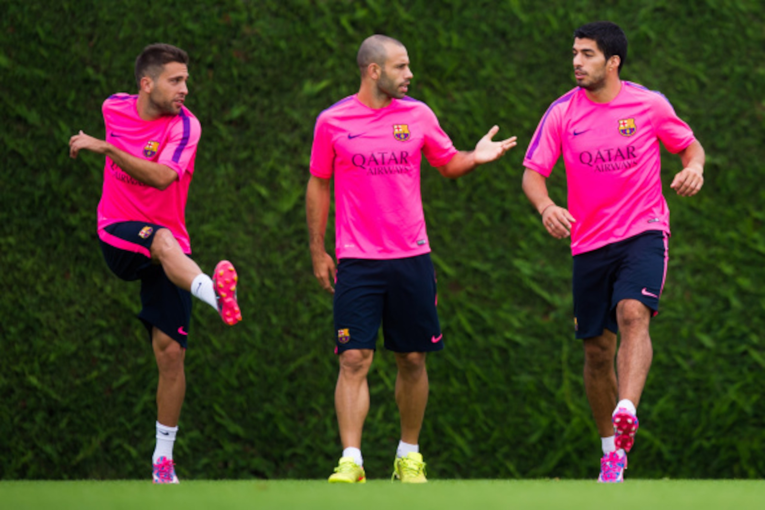BARCELONA, SPAIN - AUGUST 17: Jordi Alba, Javier Mascherano and Luis Suarez are seen during a FC Barcelona training session at Ciutat Esportiva on August 17, 2014 in Barcelona, Spain.  (Photo by Alex Caparros/Getty Images)