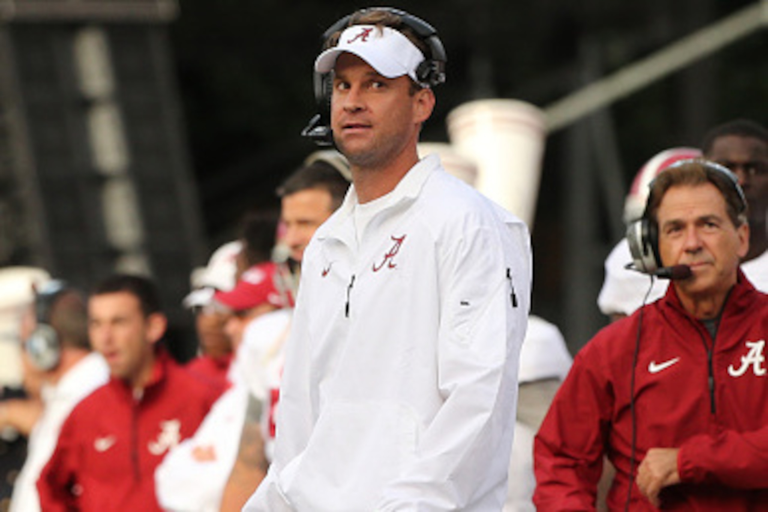 OXFORD, MS - OCTOBER 4: Lane Kiffin, Offensive Coordinator of the Alabama Crimson Tide coaches from the sideline against the Ole Miss Rebels on October 4, 2014 at Vaught-Hemingway Stadium in Oxford, Mississippi. Mississippi beat Alabama 23-17. (Photo by J