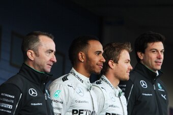 JEREZ DE LA FRONTERA, SPAIN - JANUARY 28:  (L-R) Paddy Lowe the Mercedes GP Executive Director (Technical),  Lewis Hamilton of Great Britain and Mercedes GP, Nico Rosberg of Germany and Mercedes GP and Toto Wolff the Mercedes GP Executive Director unveil 