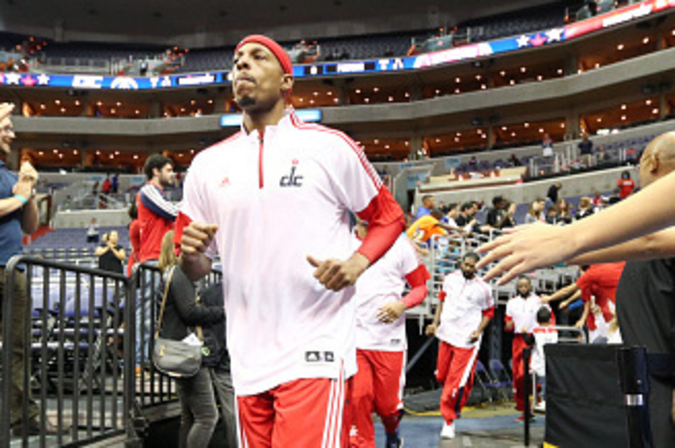 WASHINGTON, DC - OCTOBER 12: Paul Pierce #34 of the Washington Wizards enters the court for pre-game introductions against the Detroit Pistons during a preseason game at the Verizon Center on October 12, 2014 in Washington, DC. NOTE TO USER: User expressl WASHINGTON, DC - OCTOBER 12: Paul Pierce #34 of the Washington Wizards enters the court for pre-game introductions against the Detroit Pistons during a preseason game at the Verizon Center on October 12, 2014 in Washington, DC. NOTE TO USER: User expressl