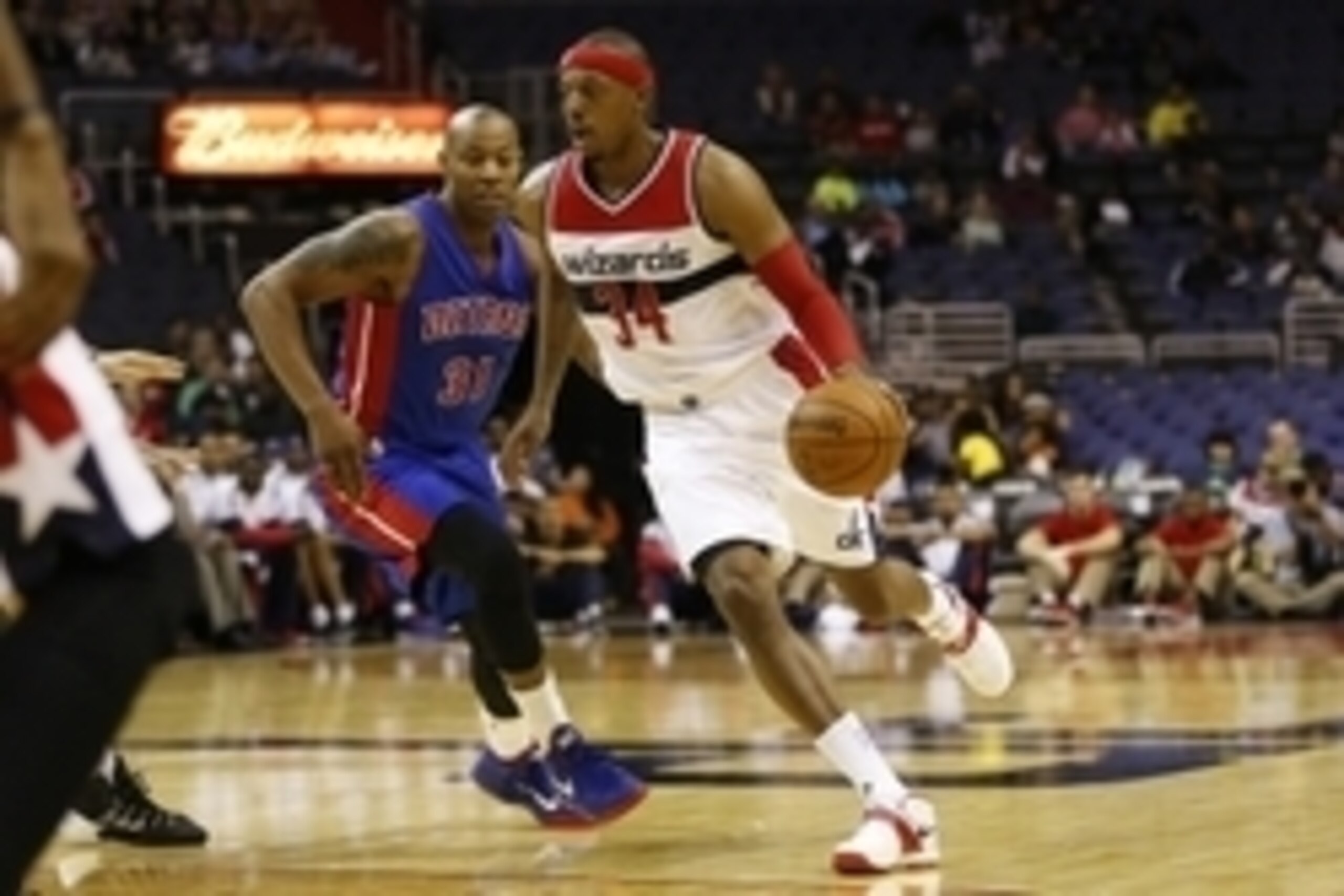 Oct 12, 2014; Washington, DC, USA; Washington Wizards forward Paul Pierce (34) dribbles the ball past Detroit Pistons forward Caron Butler (31) in the first quarter at Verizon Center. Mandatory Credit: Geoff Burke-USA TODAY Sports Oct 12, 2014; Washington, DC, USA; Washington Wizards forward Paul Pierce (34) dribbles the ball past Detroit Pistons forward Caron Butler (31) in the first quarter at Verizon Center. Mandatory Credit: Geoff Burke-USA TODAY Sports