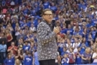 Oct 10, 2014; Kansas, MO, USA; Kansas Jayhawks head coach Bill Self speaks to the fans during Late Night at the Phog at Allen Fieldhouse. Mandatory Credit: Denny Medley-USA TODAY Sports