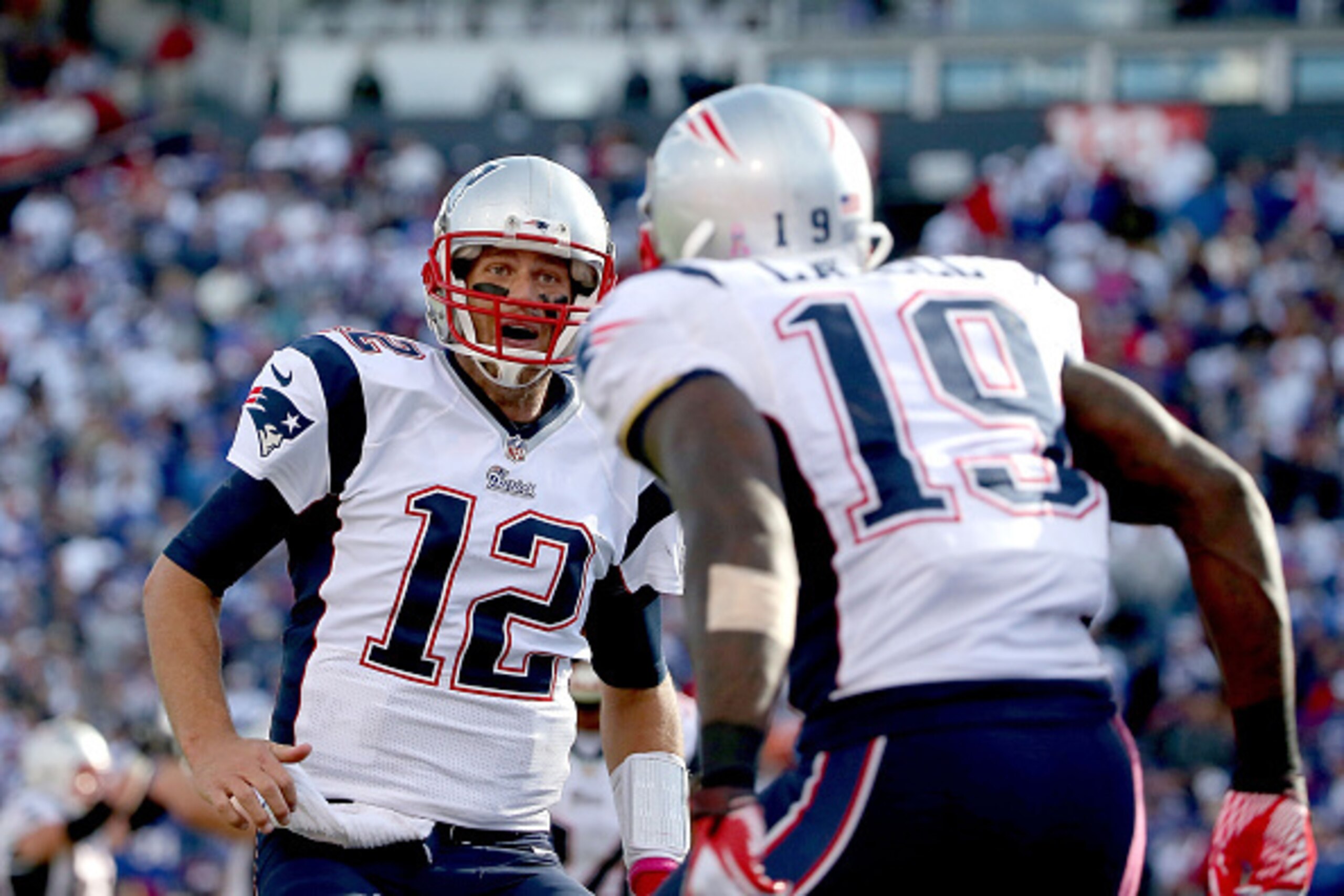 ORCHARD PARK, NY - OCTOBER 12: Tom Brady #12 of the New England Patriots celebrates with Brandon LaFell #19 of the New England Patriots after a touchdown reception during the second half at Ralph Wilson Stadium on October 12, 2014 in Orchard Park, New Y ORCHARD PARK, NY - OCTOBER 12: Tom Brady #12 of the New England Patriots celebrates with Brandon LaFell #19 of the New England Patriots after a touchdown reception during the second half at Ralph Wilson Stadium on October 12, 2014 in Orchard Park, New Y