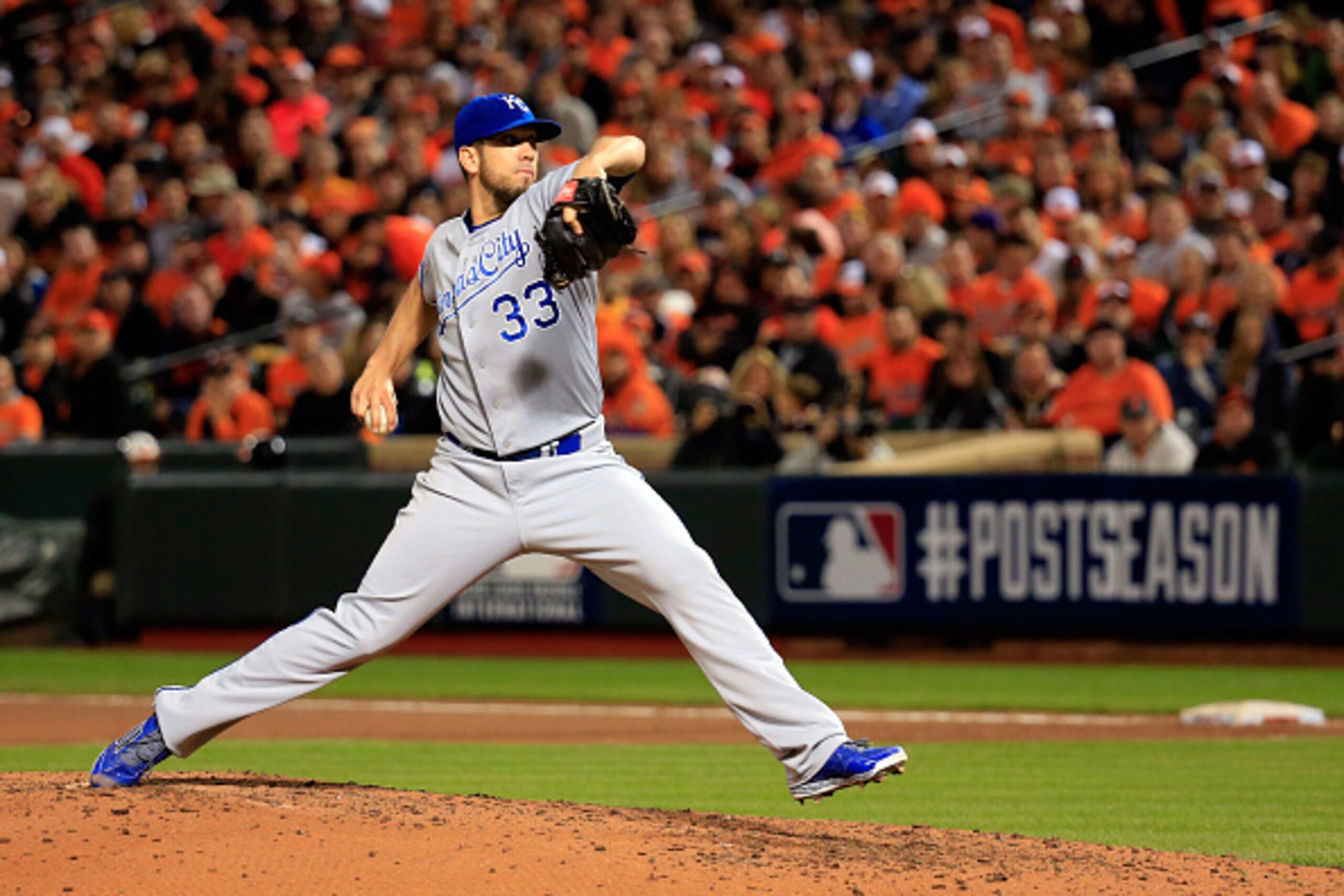 BALTIMORE, MD - OCTOBER 10:  James Shields #33 of the Kansas City Royals throws a pitch in the fourth inning against the Baltimore Orioles during Game One of the American League Championship Series at Oriole Park at Camden Yards on October 10, 2014 in Bal
