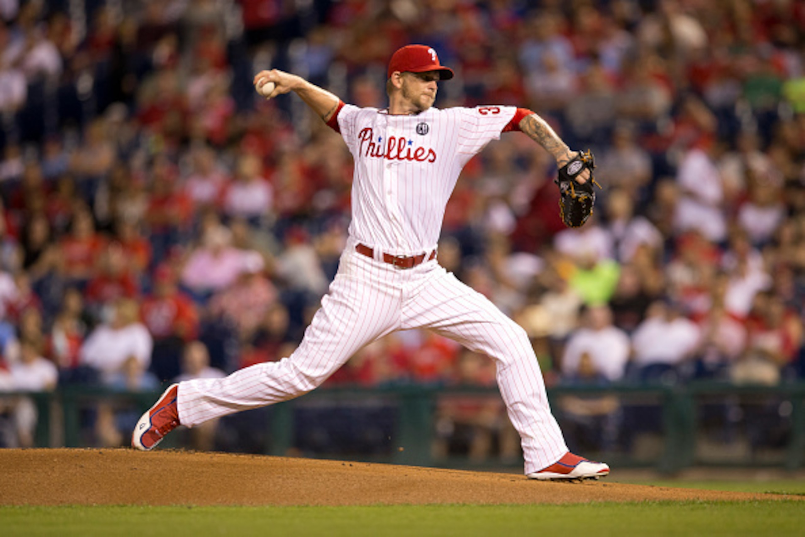 PHILADELPHIA, PA - SEPTEMBER 27: Pitcher A.J. Burnett #34 of the Philadelphia Phillies throws a pitch in the top of the first inning against the Atlanta Braves on September 27, 2014 at Citizens Bank Park in Philadelphia, Pennsylvania. (Photo by Mitchell L