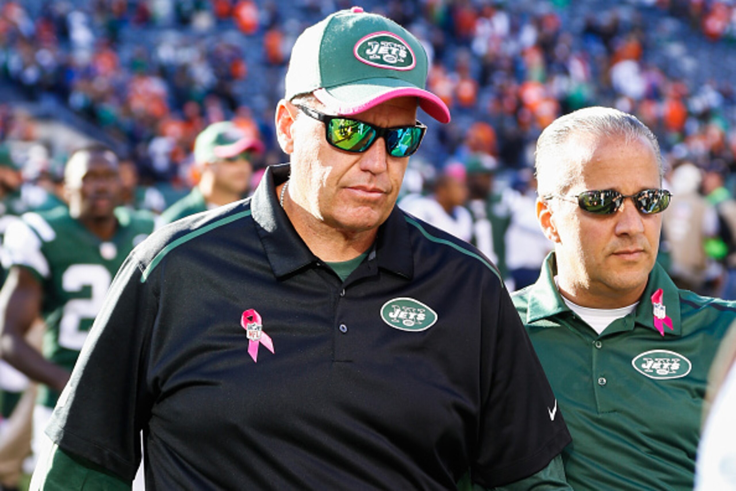 EAST RUTHERFORD, NJ - OCTOBER 12: Head coach Rex Ryan of the New York Jets walks off the field after a game against the Denver Broncos at MetLife Stadium on October 12, 2014 in East Rutherford, New Jersey.  (Photo by Jeff Zelevansky/Getty Images)