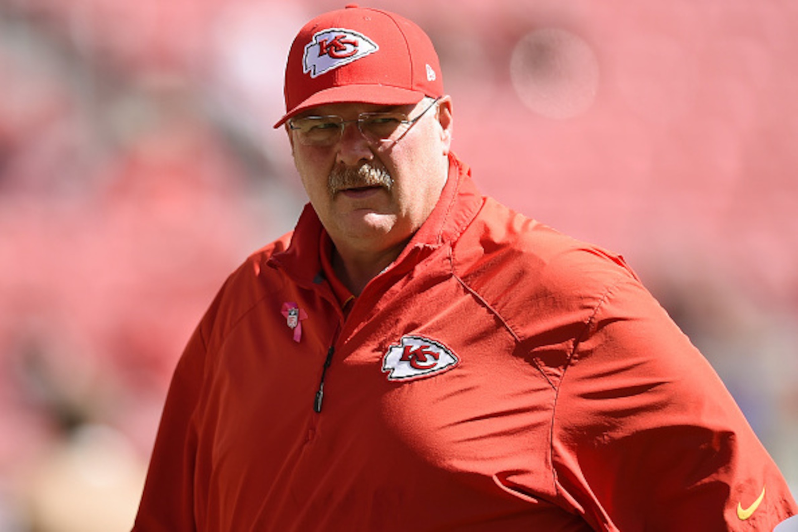SANTA CLARA, CA - OCTOBER 05:  Head Coach Andy Reid of the Kansas City Chiefs looks on while his team warms up prior to playing the San Francisco 49ers at Levi's Stadium on October 5, 2014 in Santa Clara, California.  (Photo by Thearon W. Henderson/Getty 