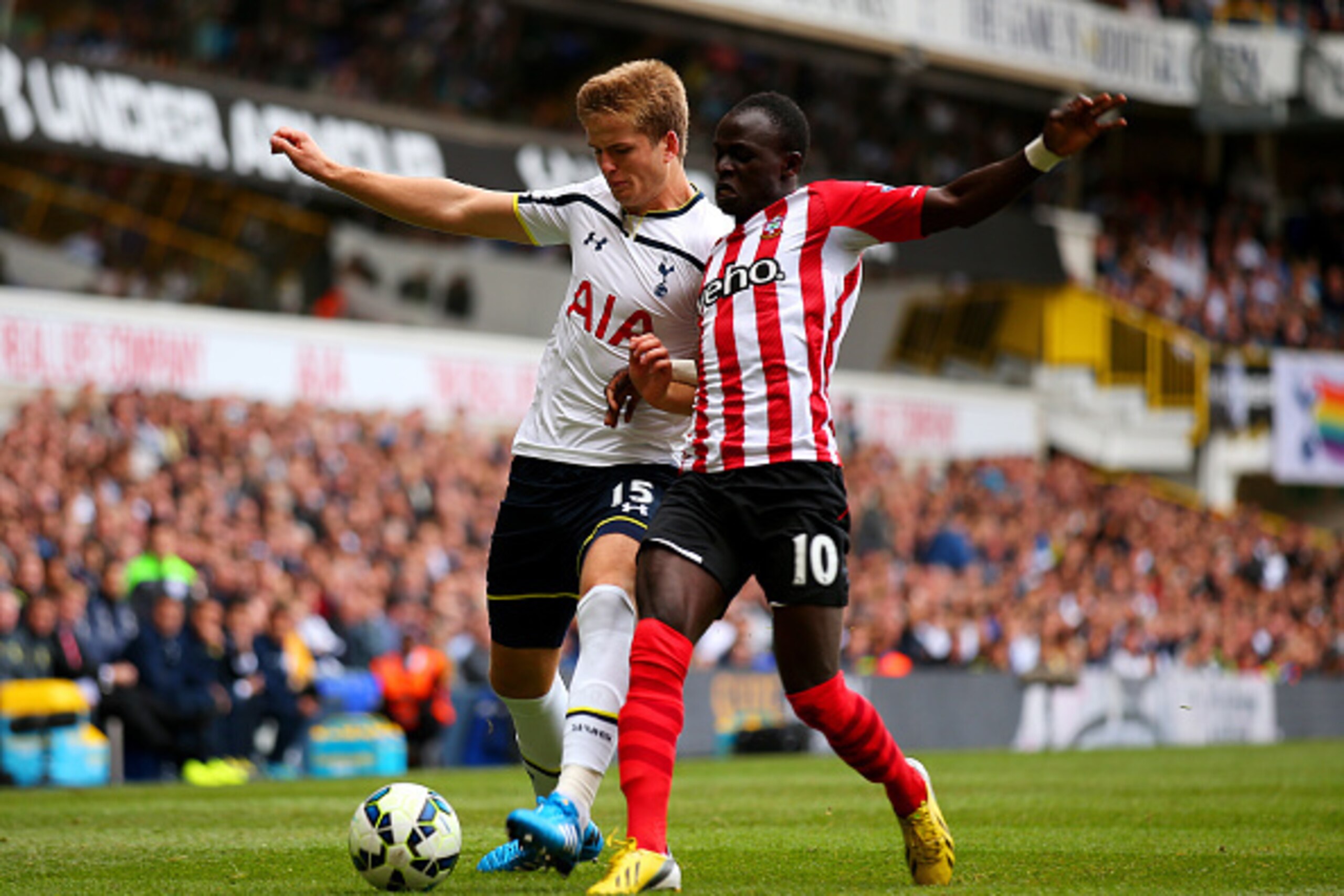 LONDON, ENGLAND - OCTOBER 05:  Eric Dier of Spurs battles for the ball with Sadio Mane of Southampton during the Barclays Premier League match between Tottenham Hotspur and Southampton at White Hart Lane on October 5, 2014 in London, England.  (Photo by B