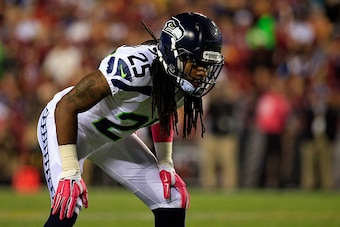 LANDOVER, MD - OCTOBER 06: Richard Sherman #25 of the Seattle Seahawks looks on against Washington Redskins at FedExField on October 6, 2014 in Landover, Maryland.  (Photo by Rob Carr/Getty Images)