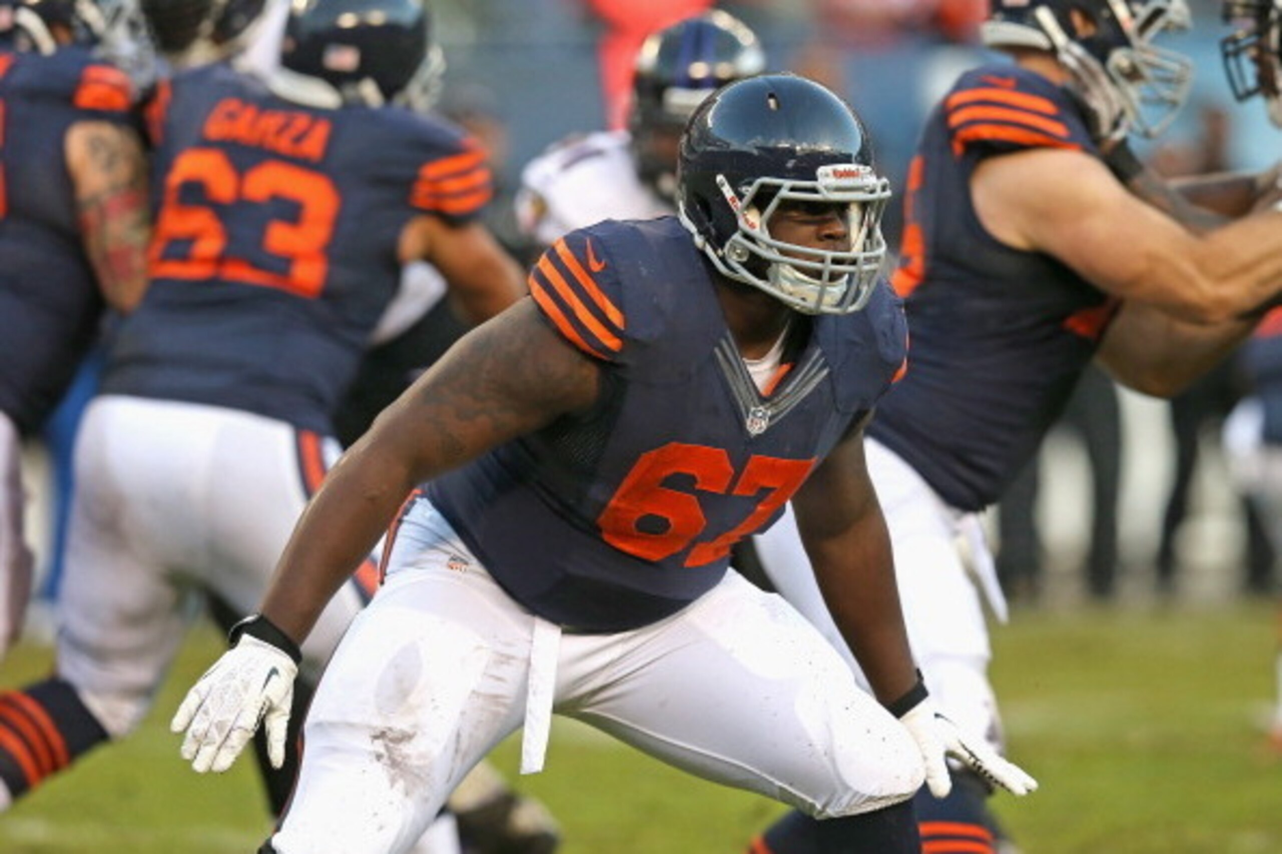CHICAGO, IL - NOVEMBER 17: Jordan Mills #67 of the Chicago Bears moves to block against the Baltimore Ravens at Soldier Field on November 17, 2013 in Chicago, Illinois. The Bears defeated the Ravens 23-20 in overtime. (Photo by Jonathan Daniel/Getty Image CHICAGO, IL - NOVEMBER 17: Jordan Mills #67 of the Chicago Bears moves to block against the Baltimore Ravens at Soldier Field on November 17, 2013 in Chicago, Illinois. The Bears defeated the Ravens 23-20 in overtime. (Photo by Jonathan Daniel/Getty Image