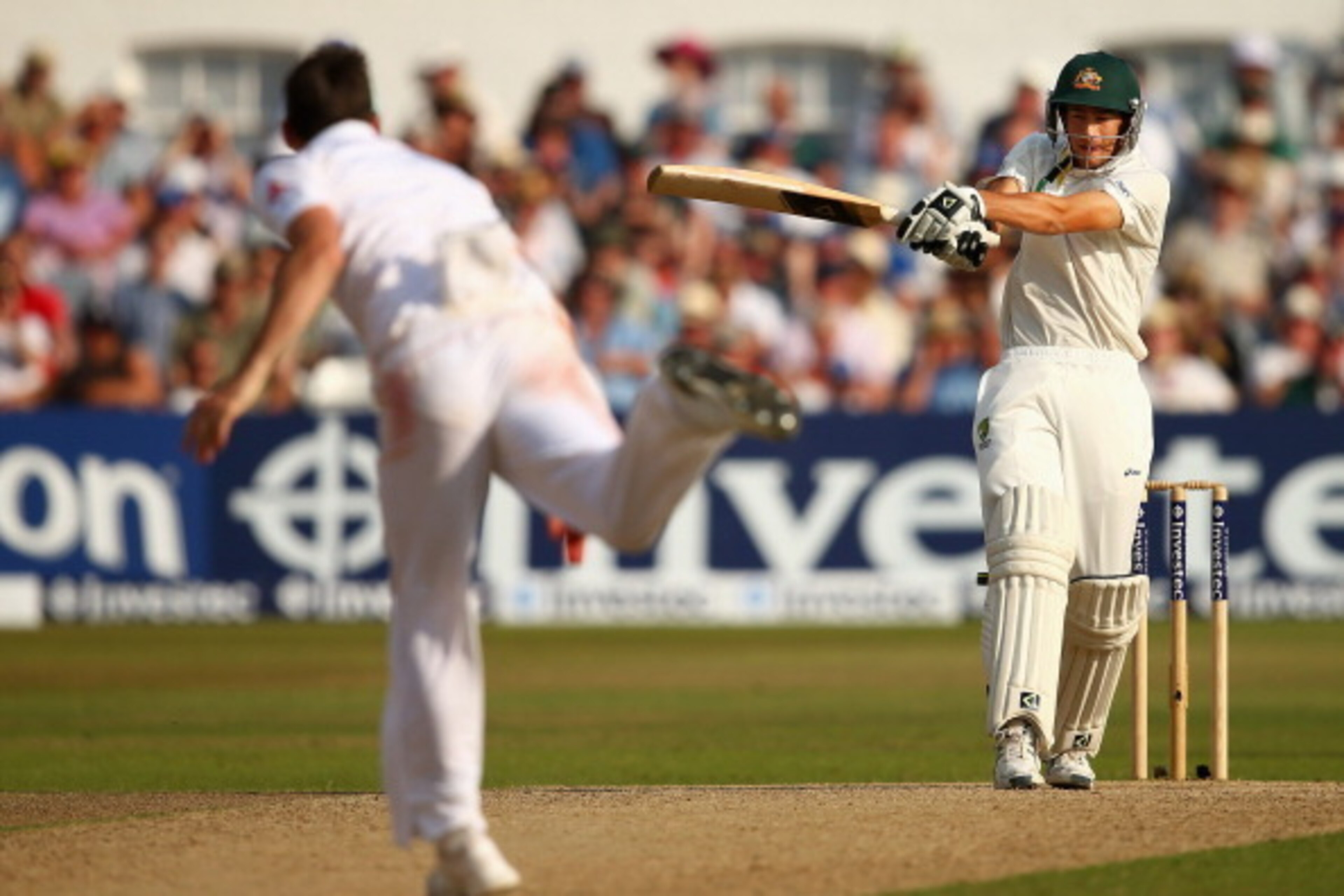 NOTTINGHAM, ENGLAND - JULY 13:  Ashton Agar of Australia plays a delivery from James Anderson of England during day four of the 1st Investec Ashes Test match between England and Australia at Trent Bridge Cricket Ground on July 13, 2013 in Nottingham, Engl