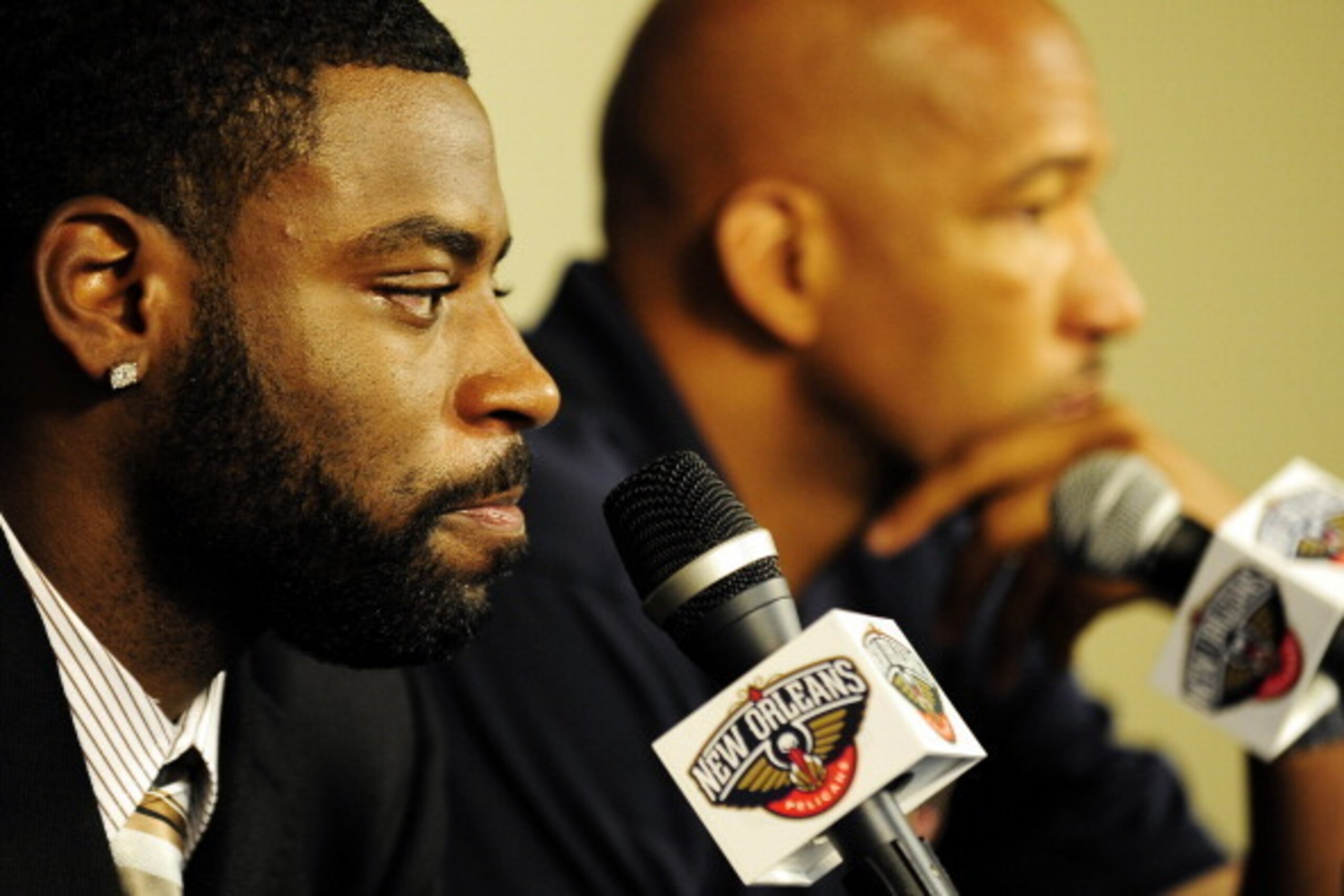 METAIRIE, LA - JULY 11:  Monty Williams, head coach of the New Orleans Pelicans introduces Tyreke Evans acquired through a three team trade on July 11, 2013 at the New Orleans Pelicans practice facility in Metairie, Louisiana. NOTE TO USER: User expressly
