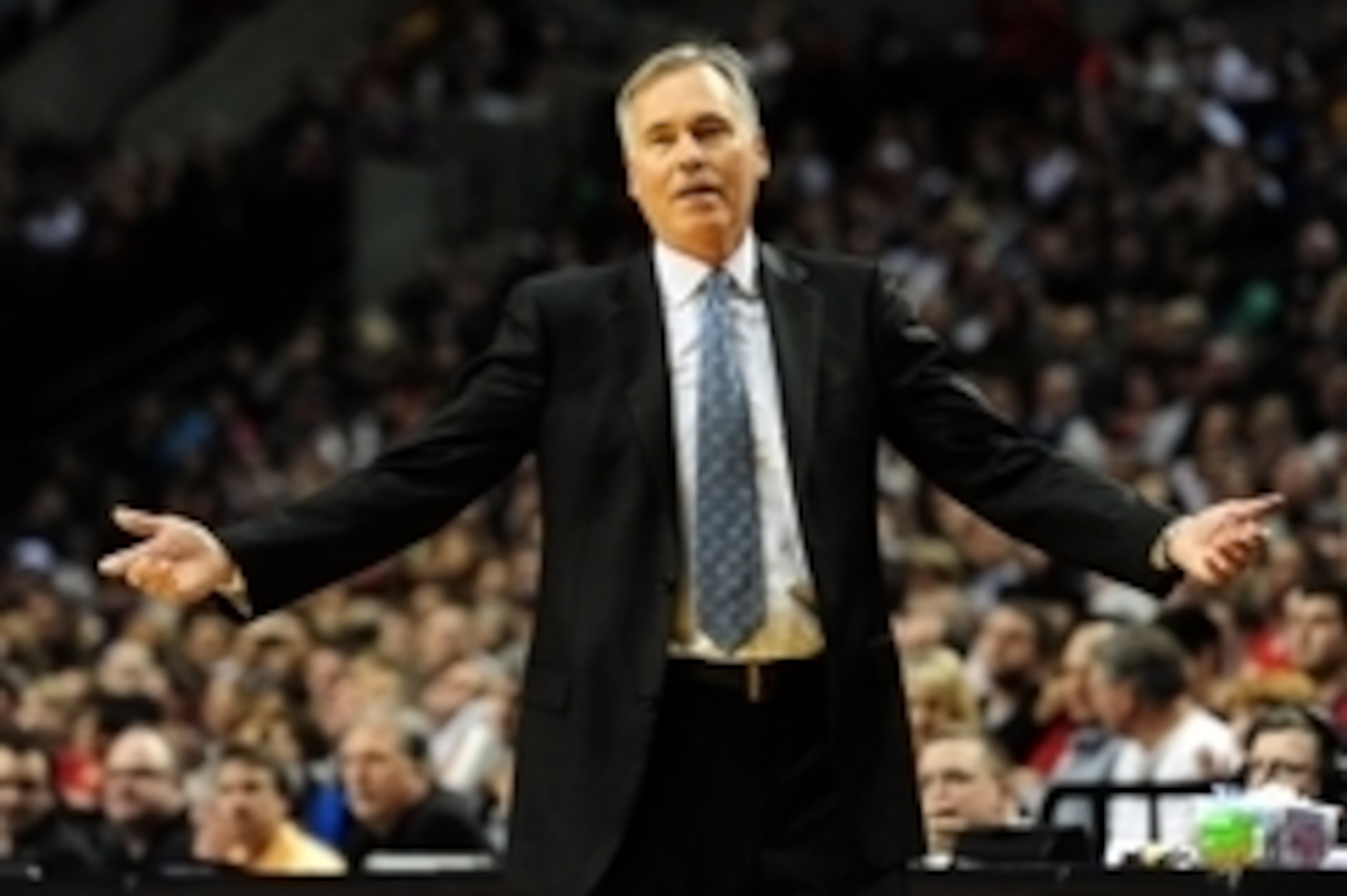 Mar 3, 2014; Portland, OR, USA; Los Angeles Lakers head coach Mike D'Antoni reacts to an officials call during the fourth quarter of the game against the Portland Trail Blazers at the Moda Center. The Lakers won the game 107-106. Mandatory Credit: Steve D