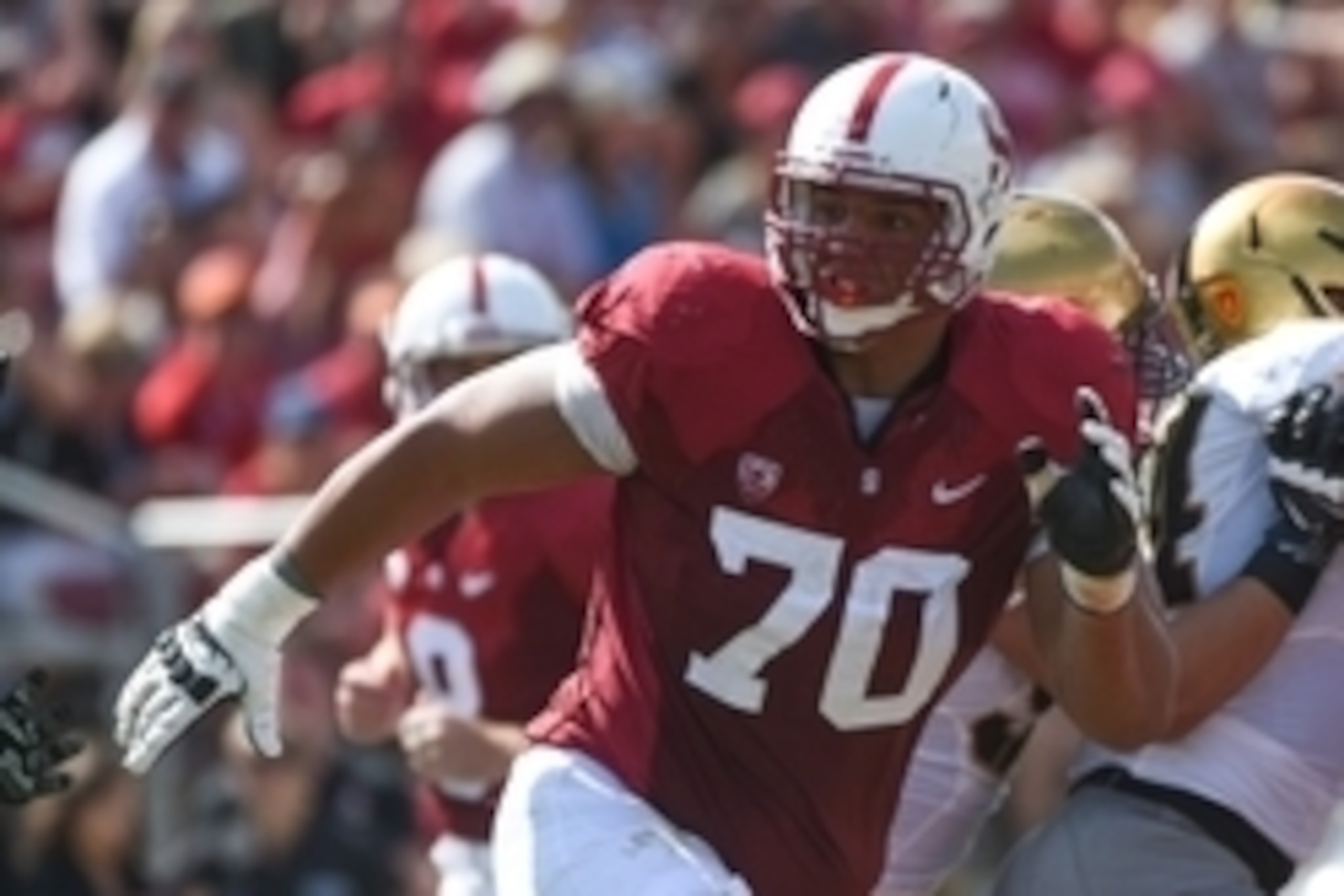 September 13, 2014; Stanford, CA, USA; Stanford Cardinal offensive tackle Andrus Peat (70) during the second quarter against the Army Black Knights at Stanford Stadium. Stanford defeated Army 35-0. Mandatory Credit: Kyle Terada-USA TODAY Sports