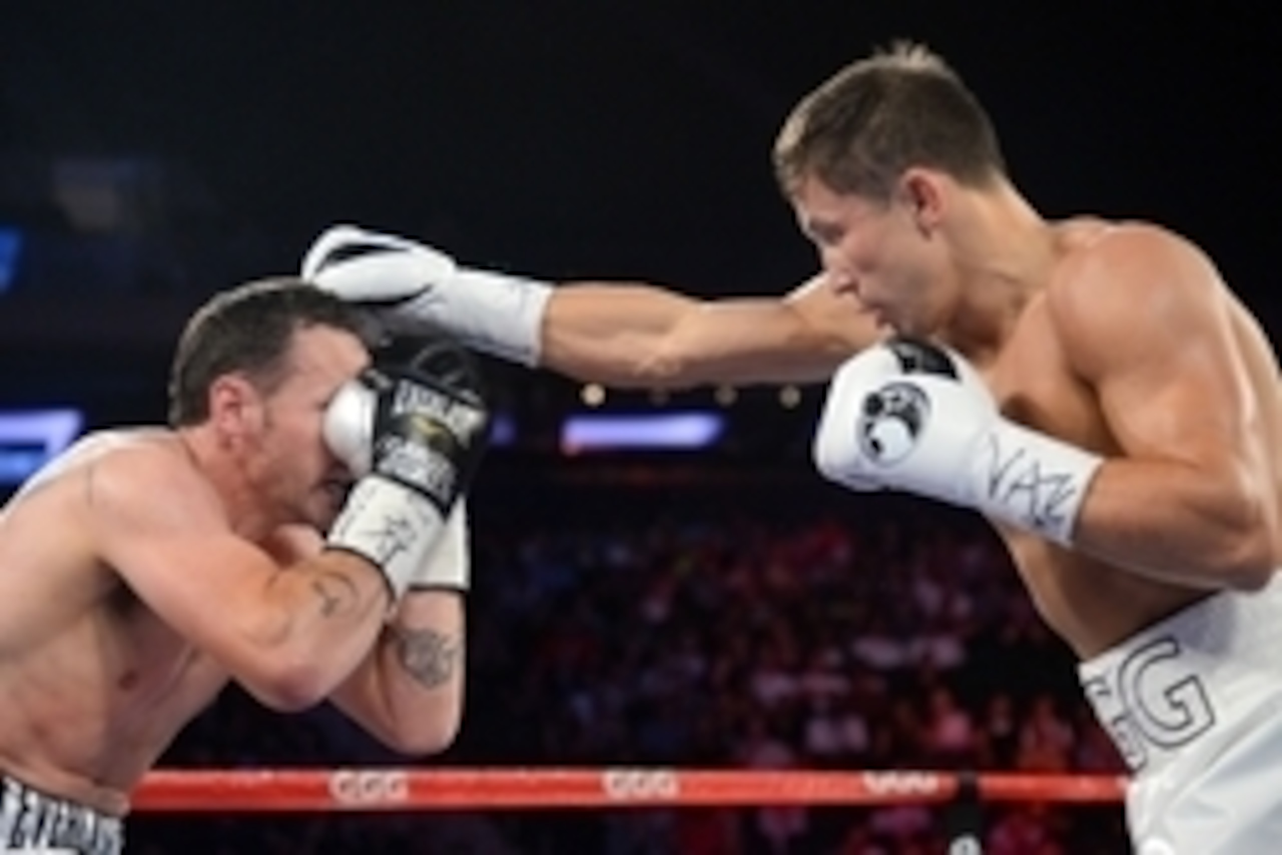 Jul 26, 2014; New York, NY, USA; Gennady Golovkin (white gloves) and Daniel Geale (black gloves) box during their middleweight championship bout at Madison Square Garden. Golovkin won via third round knockout. Mandatory Credit: Joe Camporeale-USA TODAY Sp Jul 26, 2014; New York, NY, USA; Gennady Golovkin (white gloves) and Daniel Geale (black gloves) box during their middleweight championship bout at Madison Square Garden. Golovkin won via third round knockout. Mandatory Credit: Joe Camporeale-USA TODAY Sp