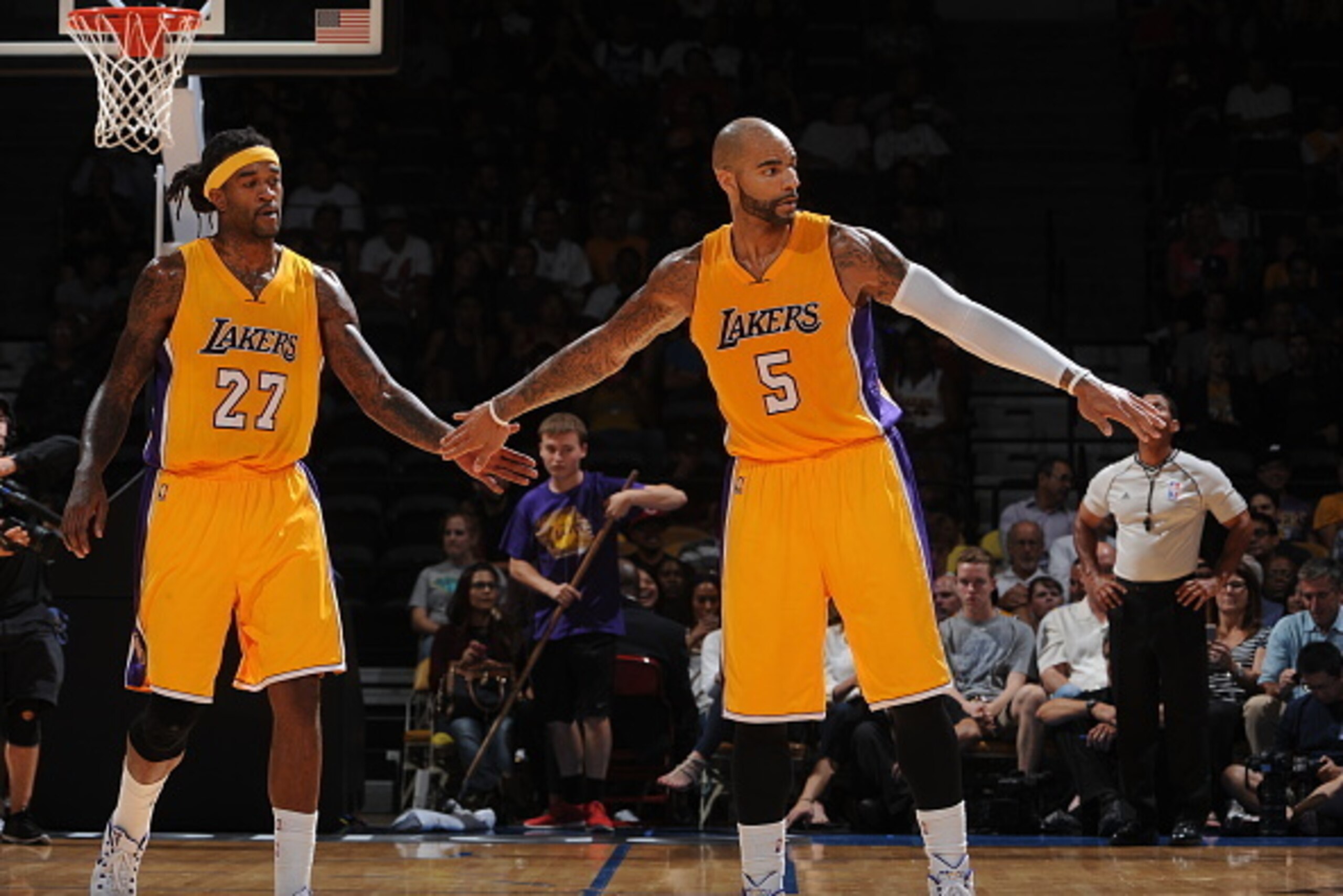 SAN DIEGO, CA- OCTOBER 6: Jordan Hill #27 and Carlos Boozer #5 of the Los Angeles Lakers celebrates during a game against the Denver Nuggets as the Los Angeles Lakers take on the Denver Nuggets at the Valley View Sports Arena in San Diego, California on SAN DIEGO, CA- OCTOBER 6: Jordan Hill #27 and Carlos Boozer #5 of the Los Angeles Lakers celebrates during a game against the Denver Nuggets as the Los Angeles Lakers take on the Denver Nuggets at the Valley View Sports Arena in San Diego, California on